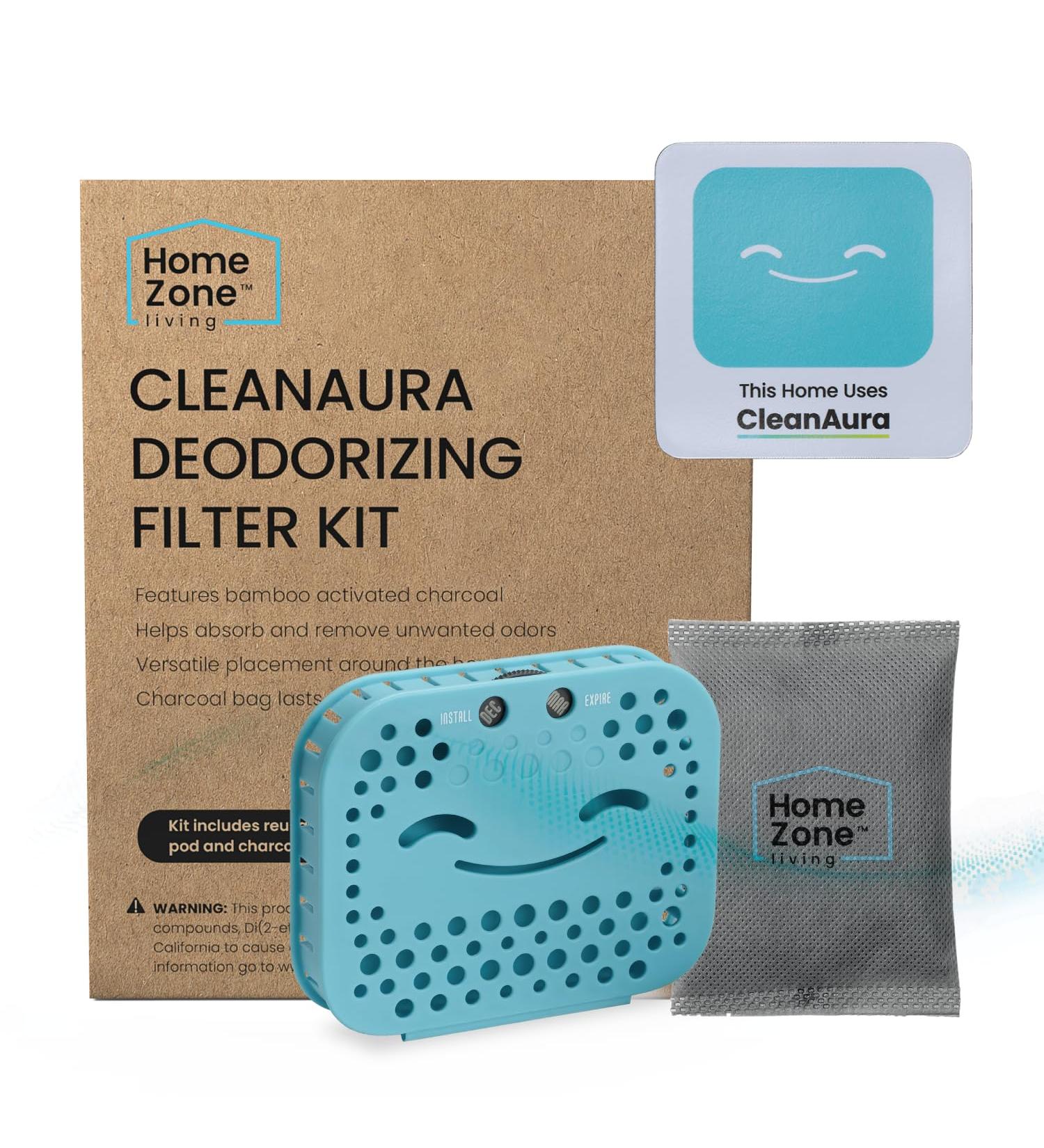 Home Zone Living Clean Aura Desodorative Filter Set with a carbon filter bag and magnetic sticker helps smells at home to eliminate blue Cleanaura deodorizing kit trash can