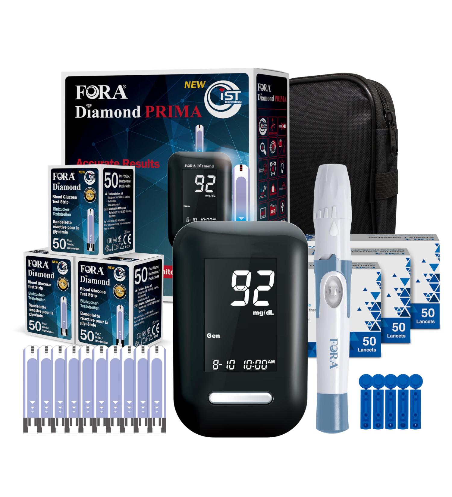 FORA Diamond DM10a - Diabetes starter set blood glucose meter (mg/dl) with 160 blood glucose test strips and 160 lancets