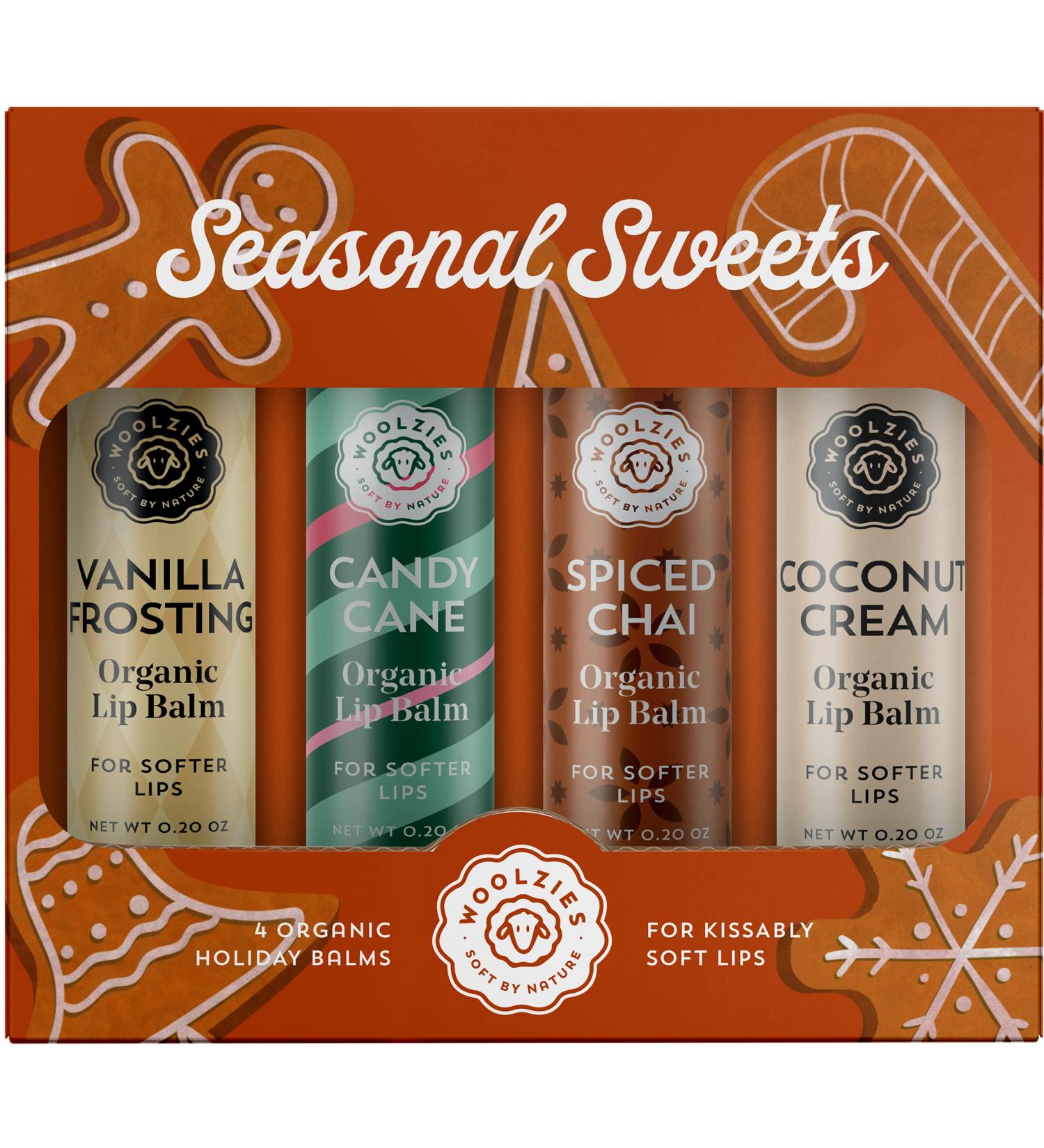 Seasonal Sweets Organic Lip Balm Set of 4 | Includes Vanilla Frosting Candy Cane Spiced Chai & Coconut Cream