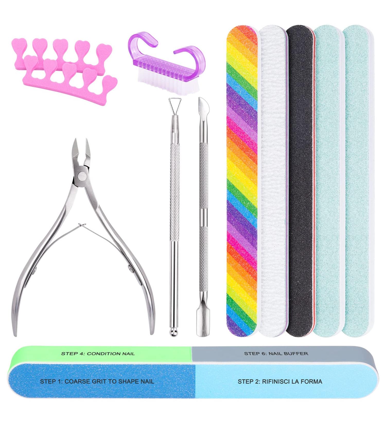 MELLIEX Nail File and Buffer Manicure Kit 12-Pack - Cuticle Trimmer, Nippers, Pusher, Brush, Toe Separator - Nail Care Set for Natural and Acrylic Nails (Multi-Colored) - Buy Online on GoSupps.com
