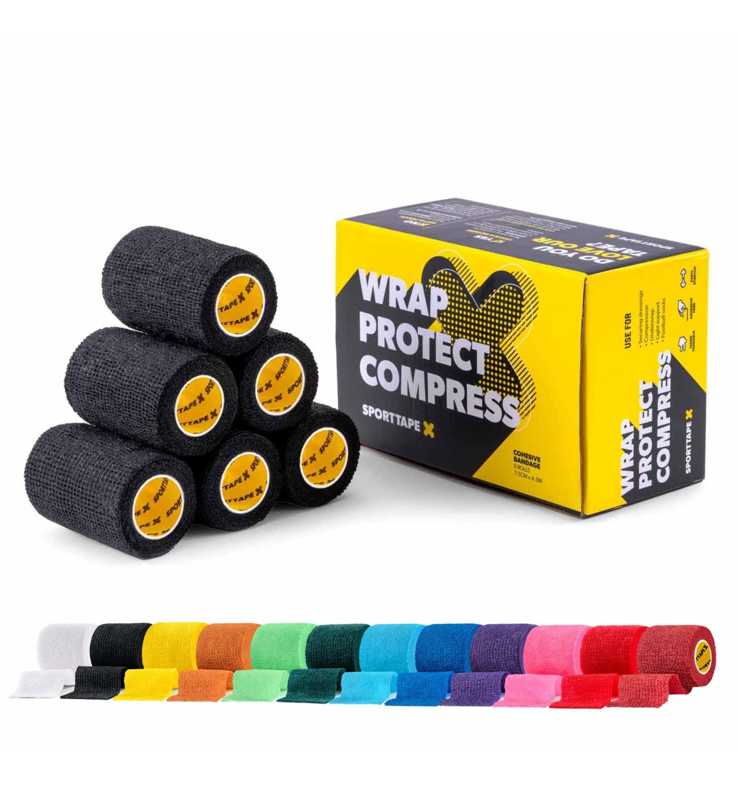 SPORTTAPE Self-Adhesive Football Sock Tape - Black | 6 Rolls, 7.5cm x 4.5m | Cohesive Bandage for Dogs, Horses & Athletes - Buy Online on GoSupps.com