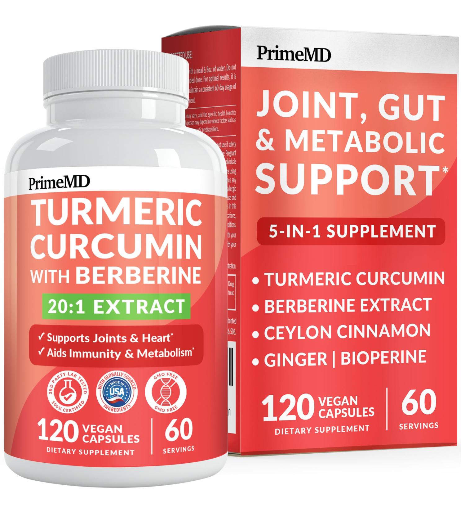 5-in-1 Organic Turmeric Curcumin Supplement (4210mg) with Berberine, Ceylon Cinnamon Bioperine and Ginger Supplements for Joint, Heart, Gut, & Metabolic Support (120 ct) Regular 120 Count (Pack of 1) - Buy Online on GoSupps.com