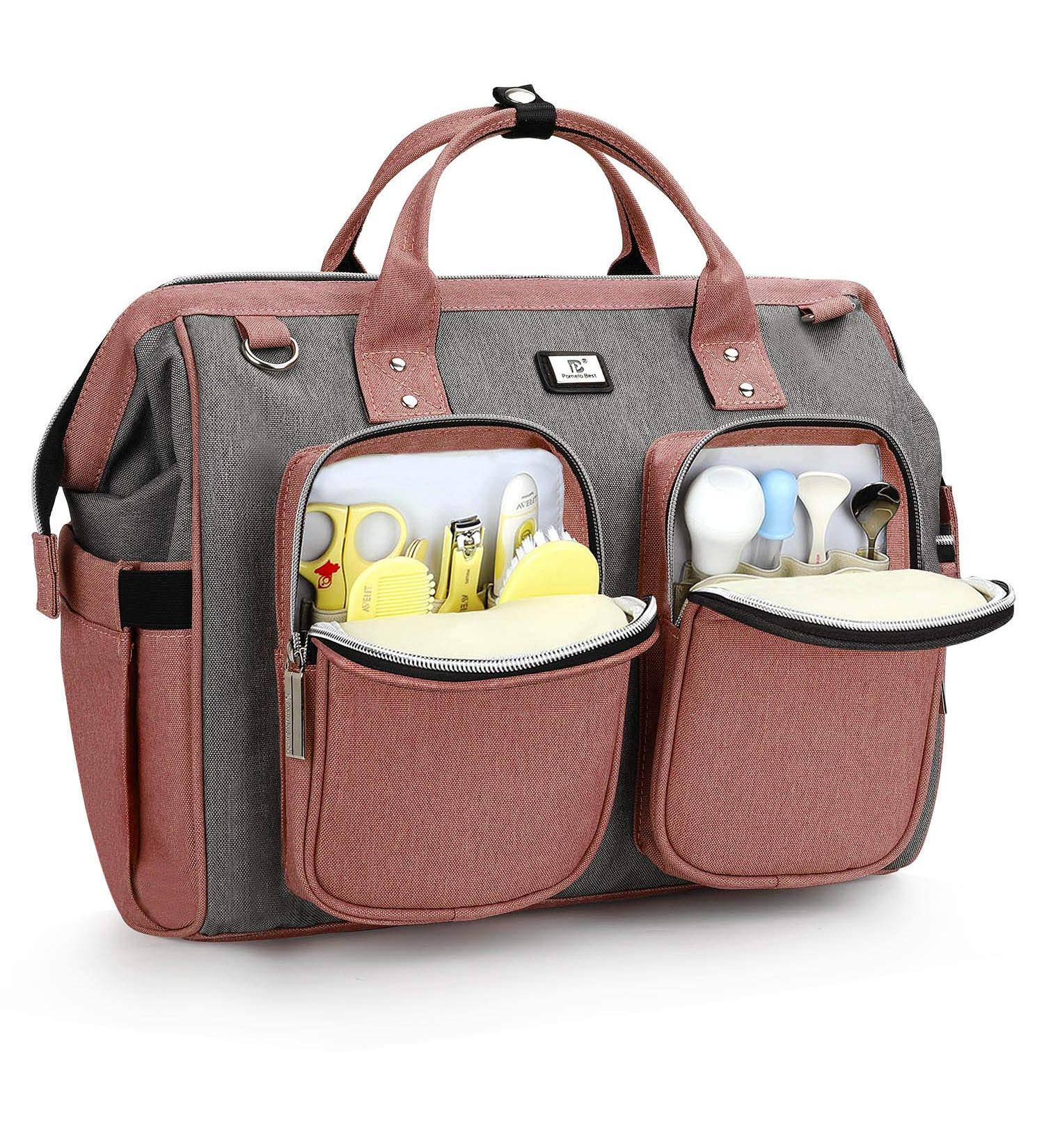 Pomelo Best Waterproof Diaper Bag | Multifunctional Travel Bag with Stroller Hooks & Adjustable Strap - Pink & Gray - Buy Online on GoSupps.com