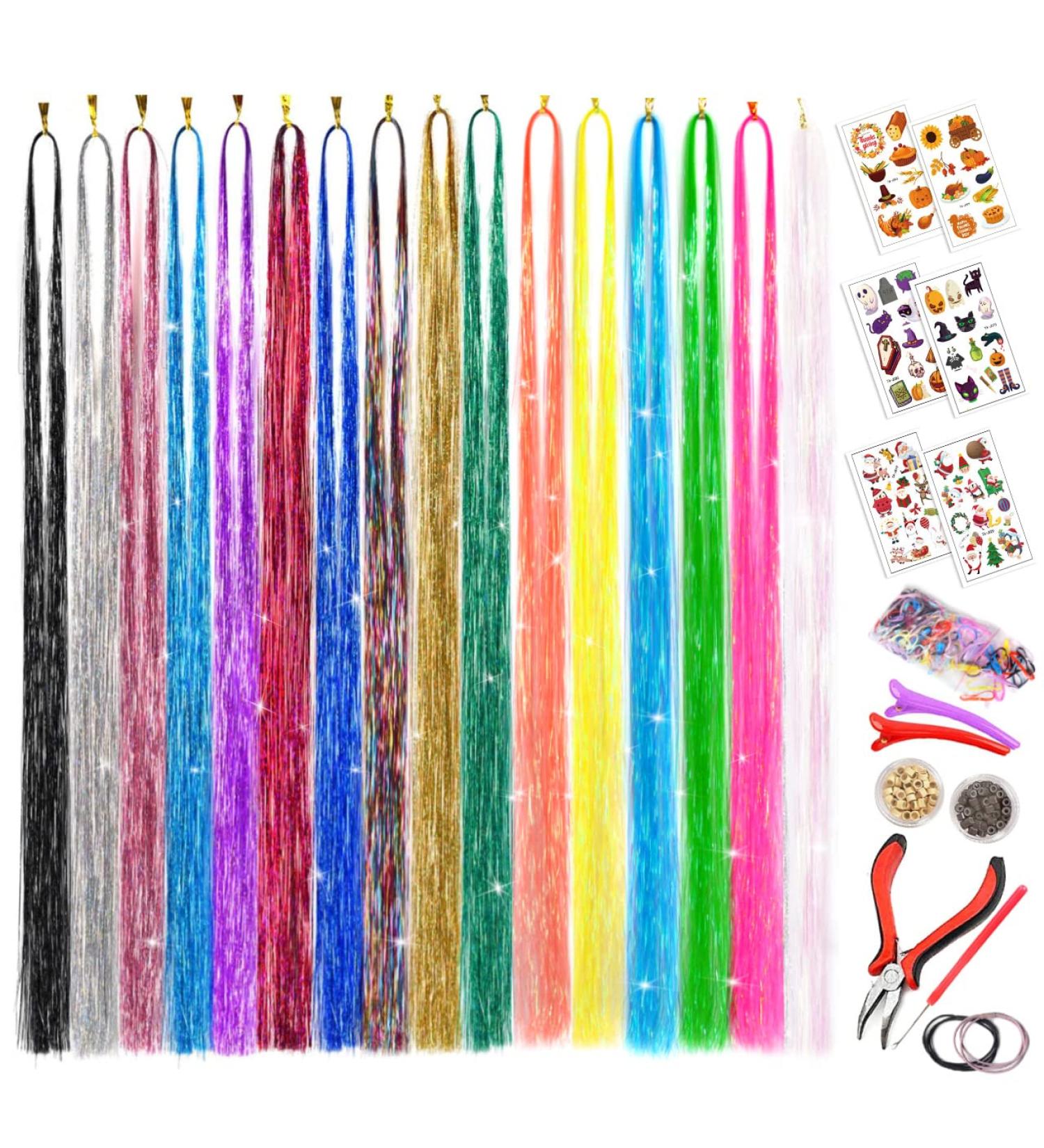 16 Colors Hair Tinsel Kit with Tools - Glitter Fairy Extensions for Halloween, Cosplay, Christmas & New Year - Buy Online on GoSupps.com