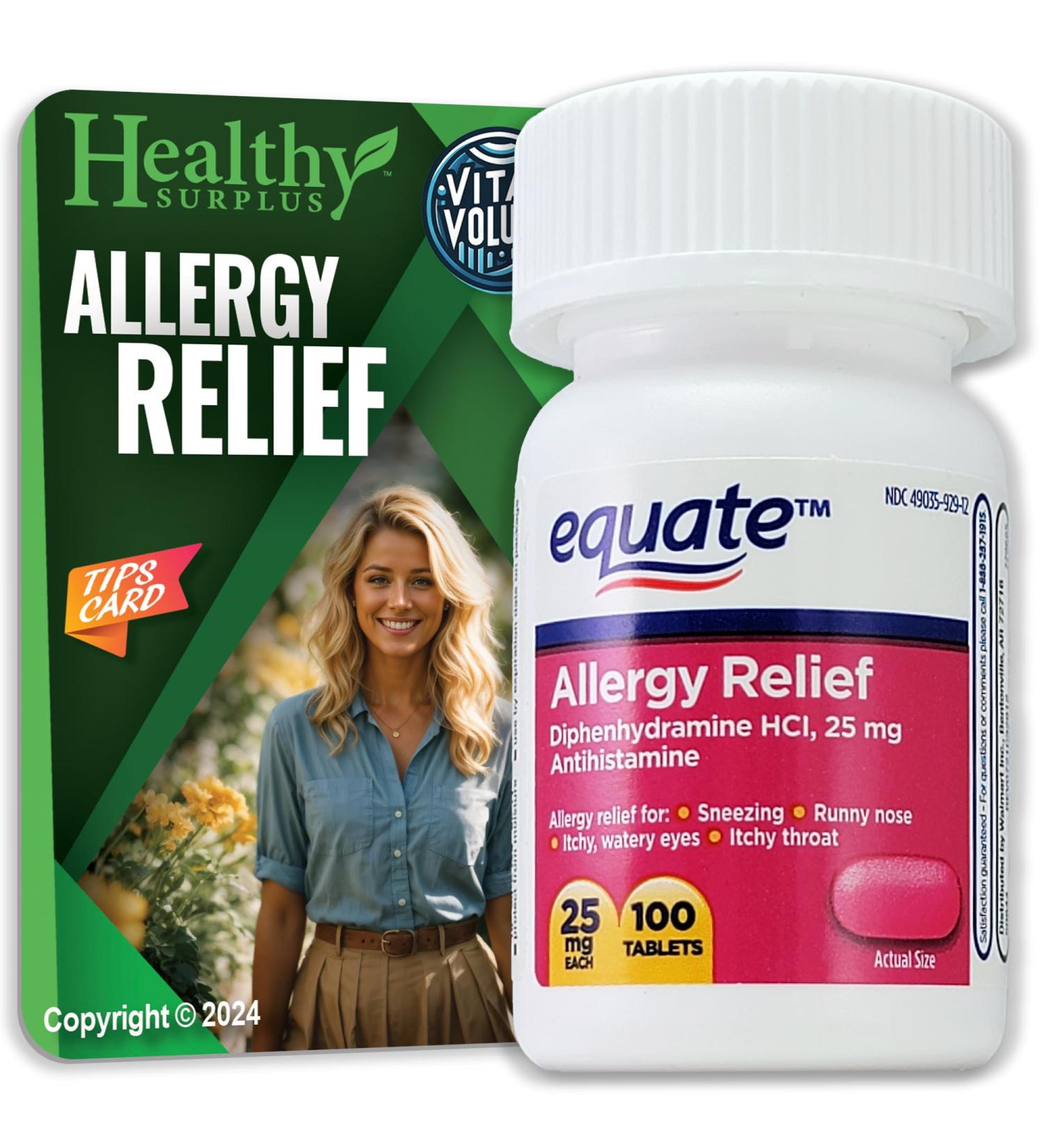 Equate Allergy Relief Diphenhydramine HCL 25mg - 100 Tablets & Vital Volumes Allergy Tips Card Bundle | Fast International Shipping - Buy Online on GoSupps.com