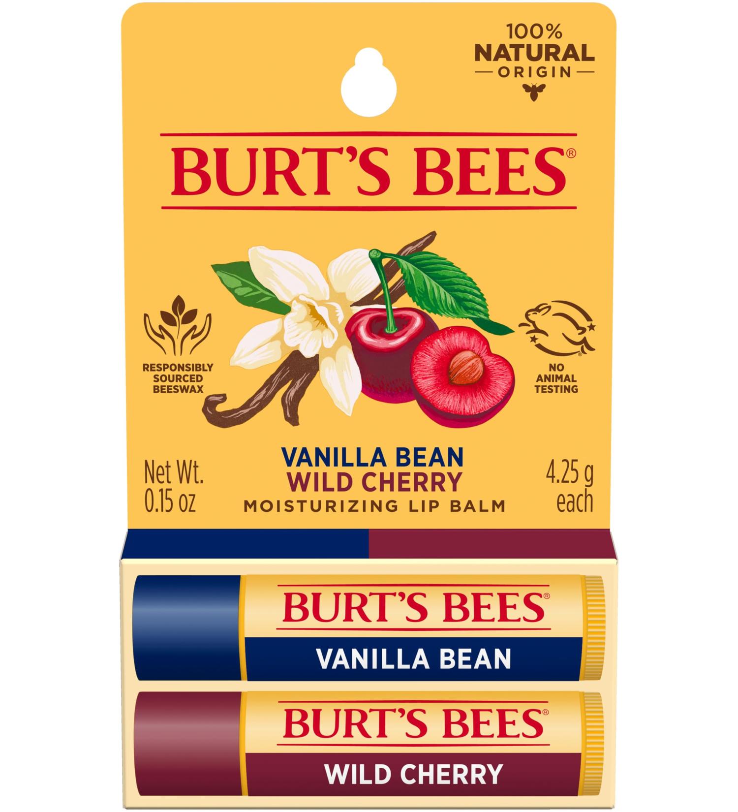 Burt's Bees 100% Natural Lip Balm Wild Cherry and Vanilla Bean Blister Box 0.3 Ounce 2 Count Cranberry 0.15 Ounce (Pack of 2) - Buy Online on GoSupps.com