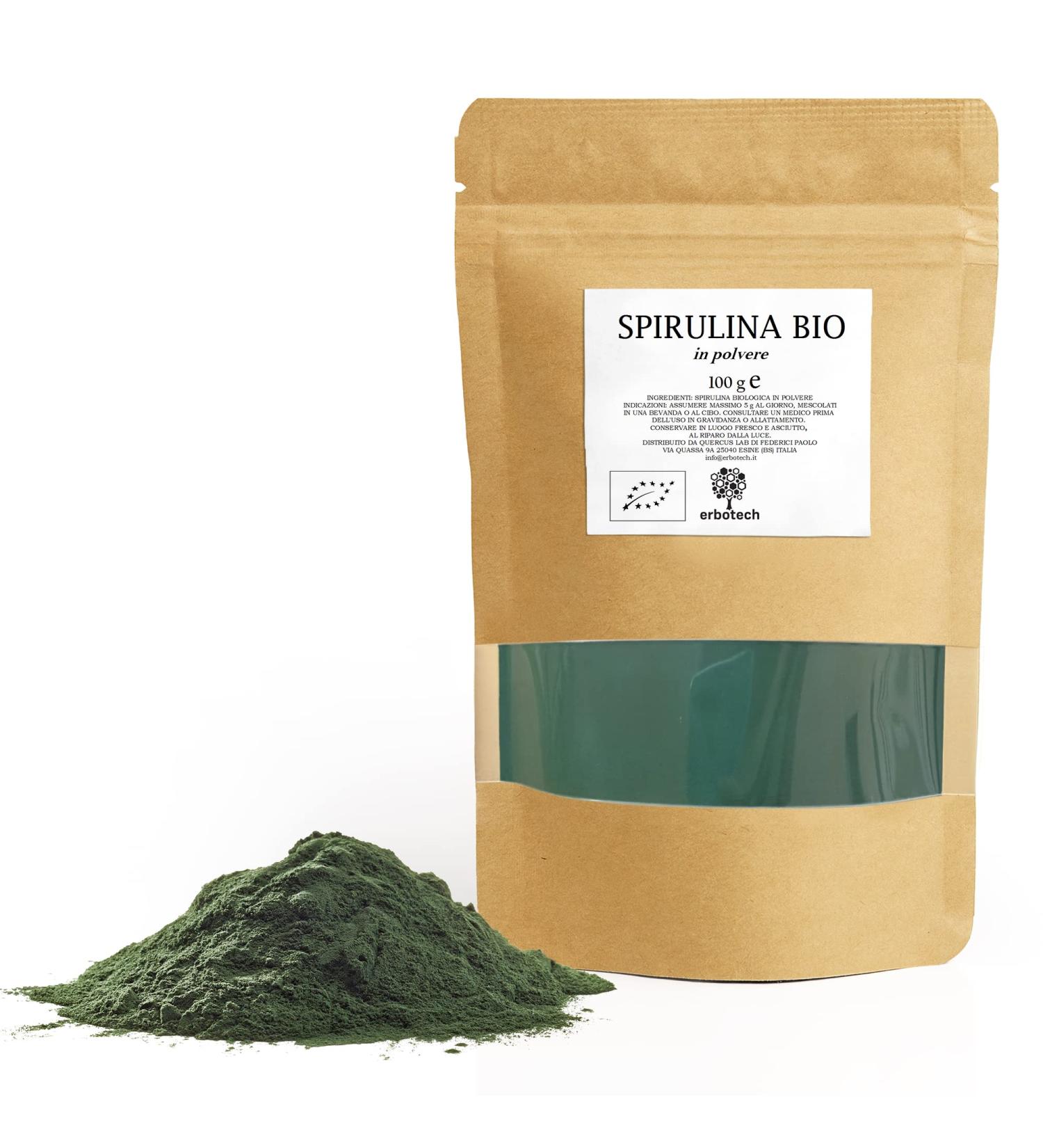 Erbotech Organic Spirulina Powder - 100g | Nutrient-Rich Vegan Superfood High in Protein Calcium & Vitamins Made in Italy - Buy Online on GoSupps.com