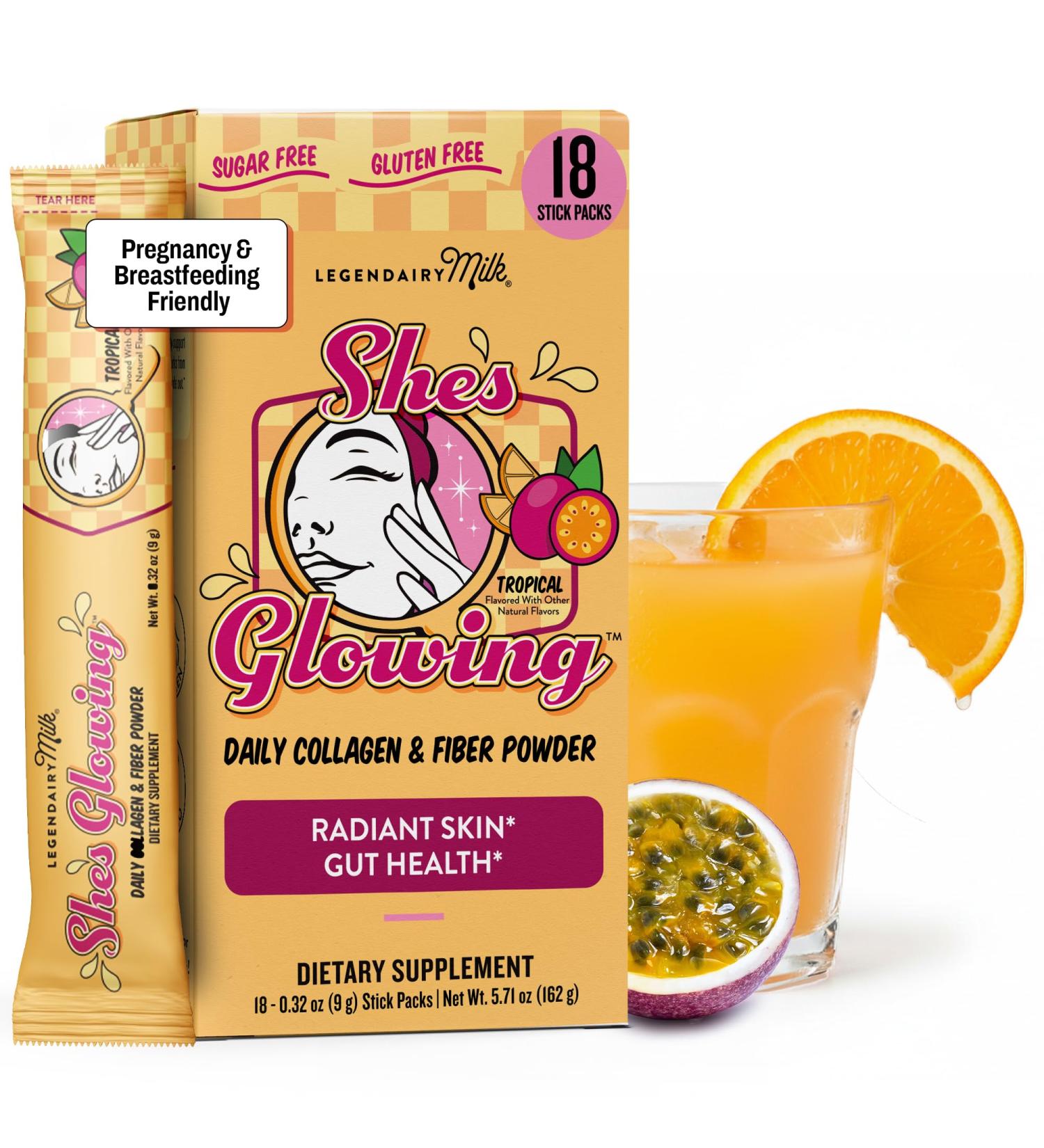 Legendairy Milk Collagen Peptides Powder & Prebiotic Fiber for Women Digestive Health Drink Mix Skin Cellulite Fine Lines & Regularity Tropical Flavor Supplement She s Glowing 18 Stick Packs - Buy Online on GoSupps.com