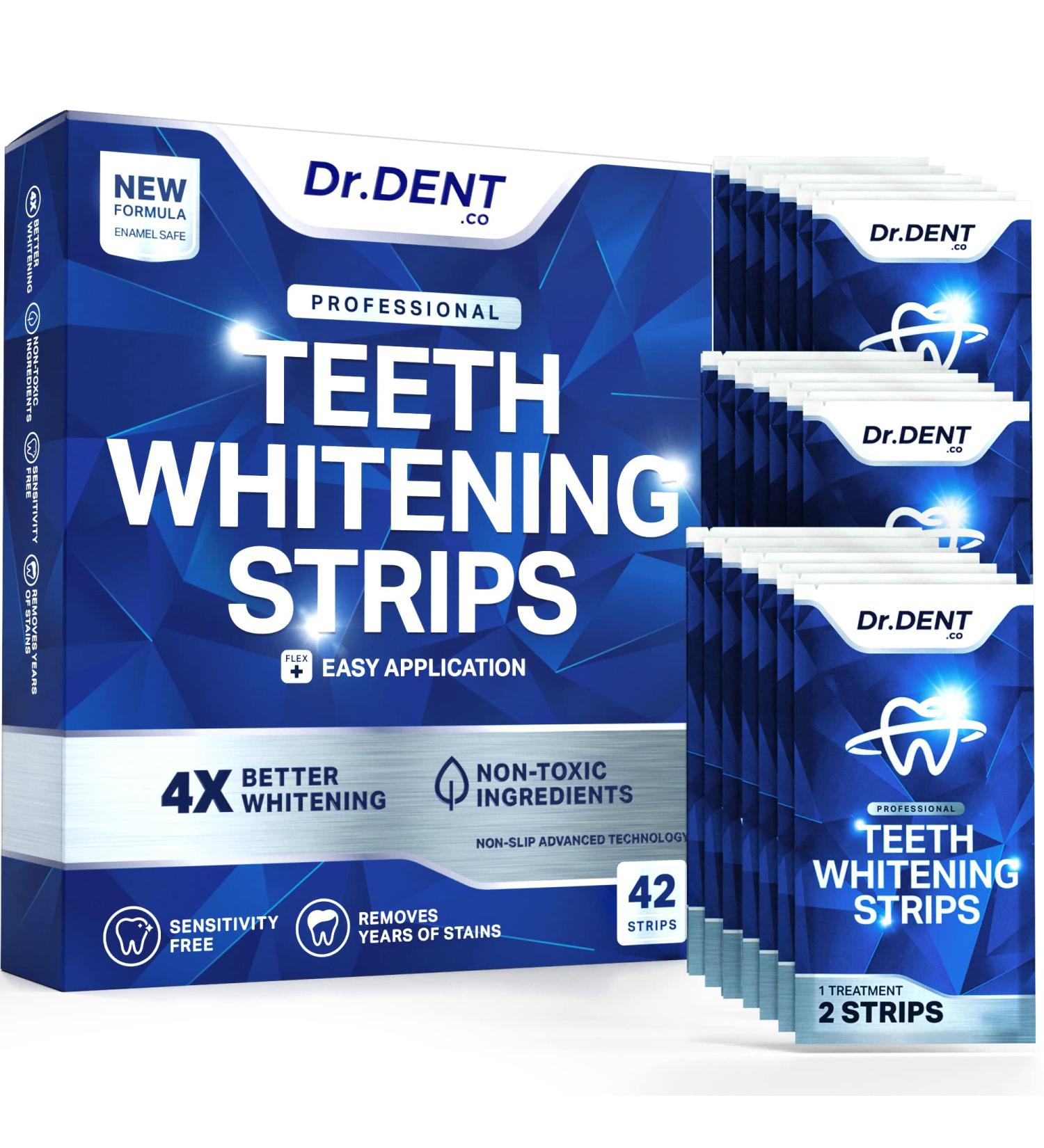 DrDent Professional Teeth Whitening Strips - 21 Treatments - Safe for Enamel - Non Sensitive - Pack of 42 Strips + Mouth Opener - 1 Count - Buy Online on GoSupps.com