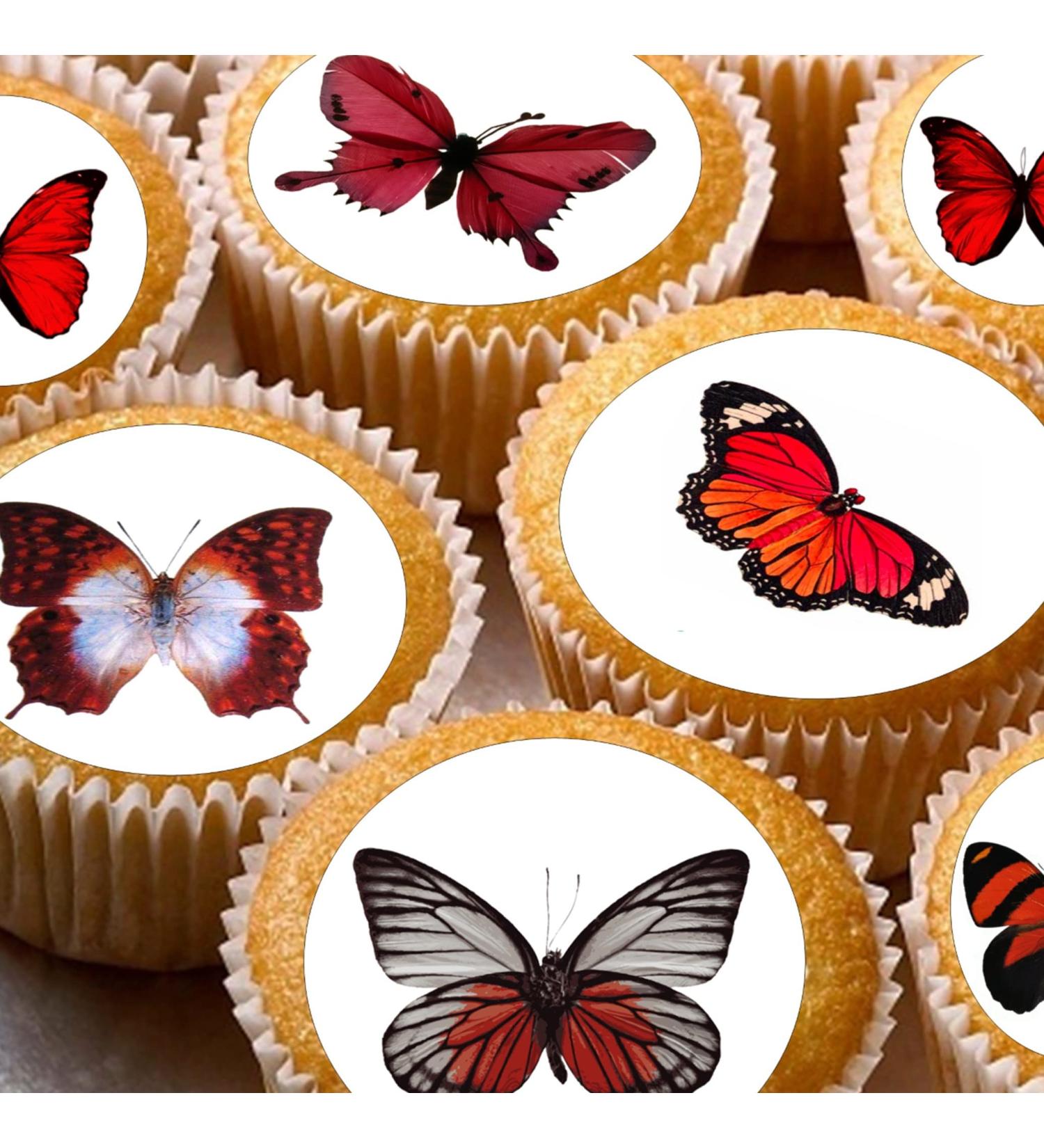 24 edible butterfly butterflie red childrens party decorations Iced/Icing Cupcake Topper Edible Fairy Cake Bun Toppers Round - Buy Online on GoSupps.com