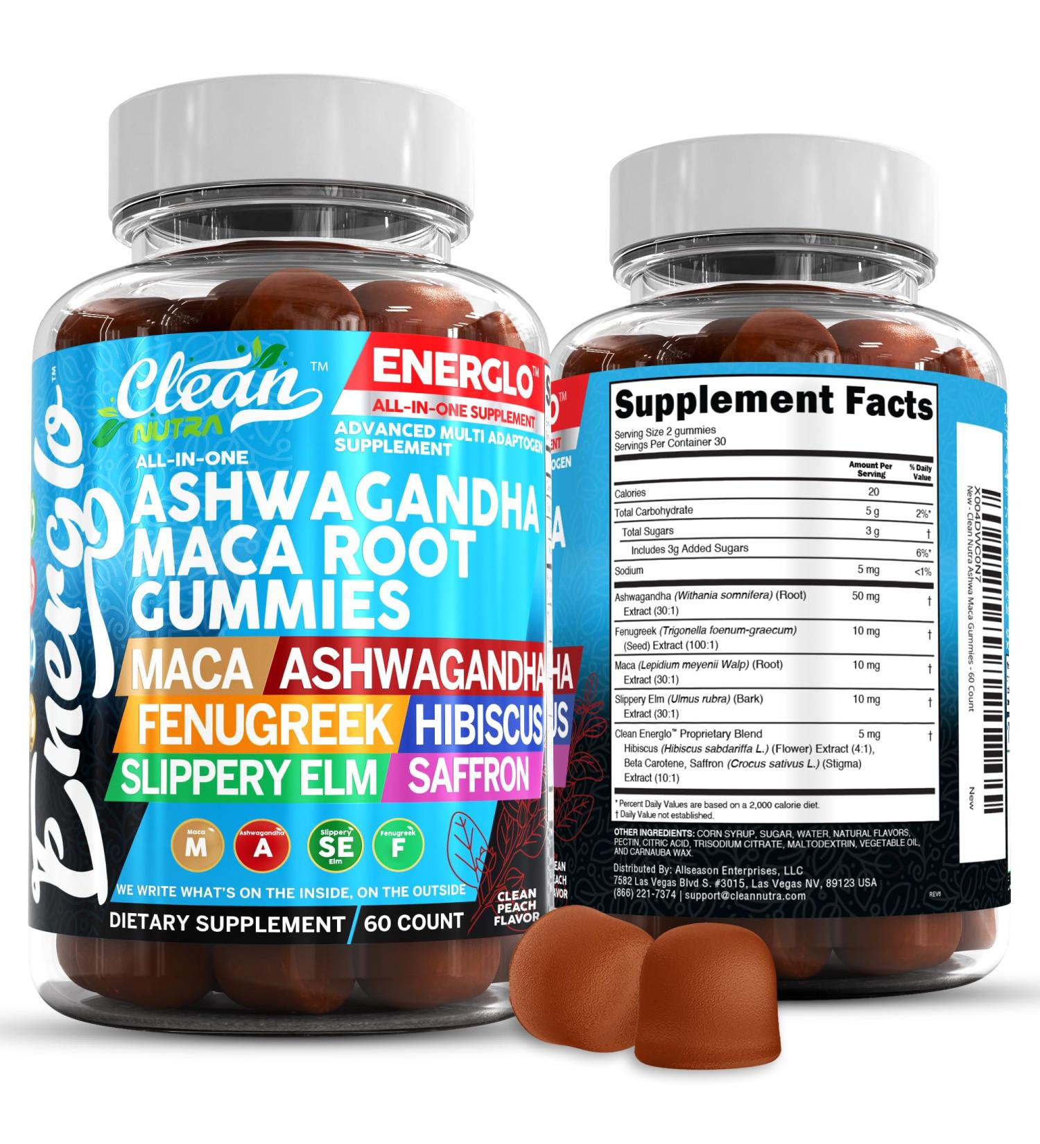 Ashwagandha Maca Root Gummies with Fenugreek Hibiscus Slippery Elm Saffron Extract & Beta Carotene | Peach Flavor Vegan Gummy Vitamins Adaptogen Cortisol Supplement Energlo by Clean Nutra 1 - Buy Online on GoSupps.com