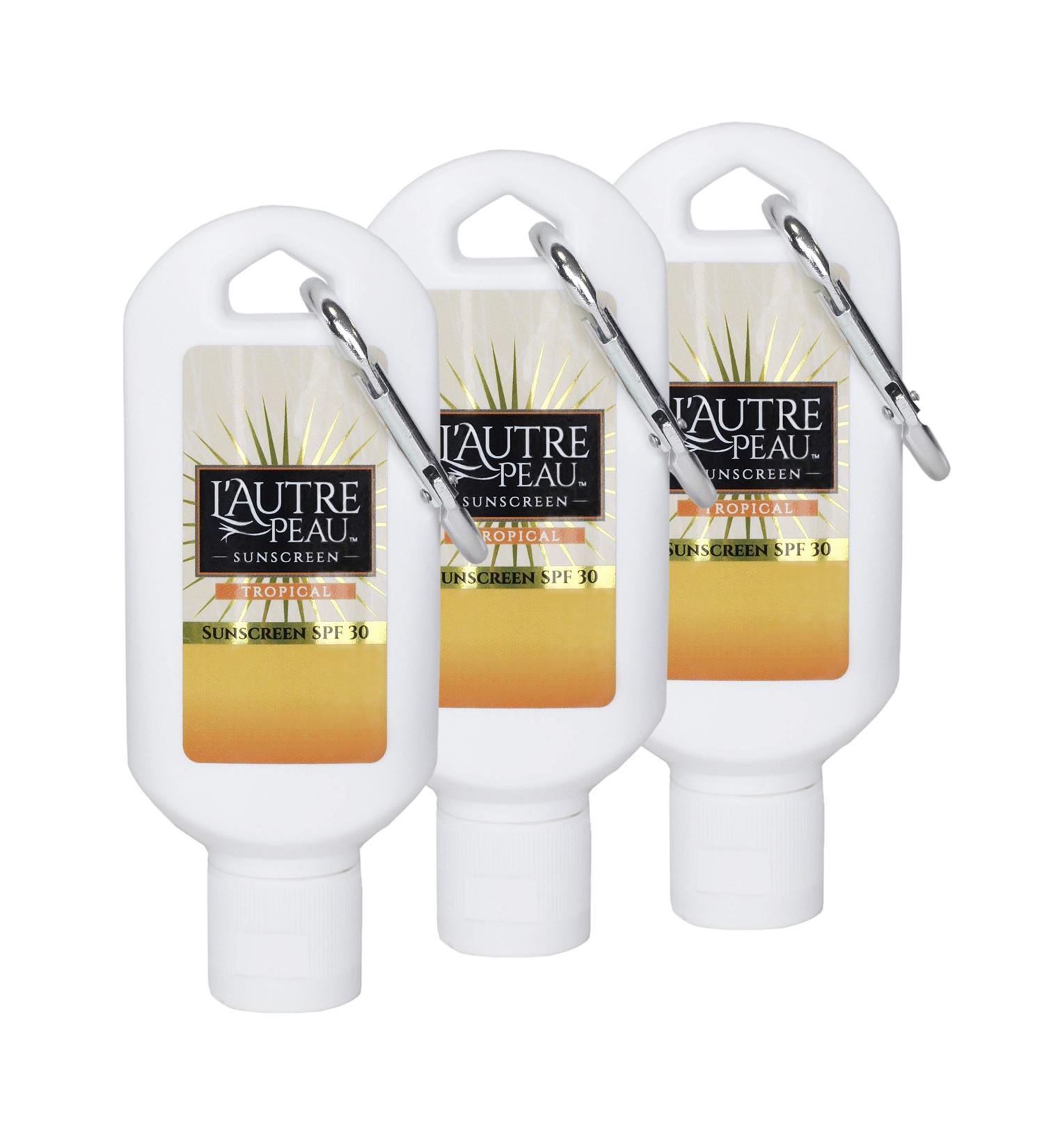 L'AUTRE PEAU SPF 30 Sunscreen Multi-Pack - Travel Size for Men, Women, and Kids | Non-Greasy, Water Resistant, Tropical Scent | TSA Approved (2oz, 3 pack with Carabiner Clip) - Buy Online on GoSupps.com