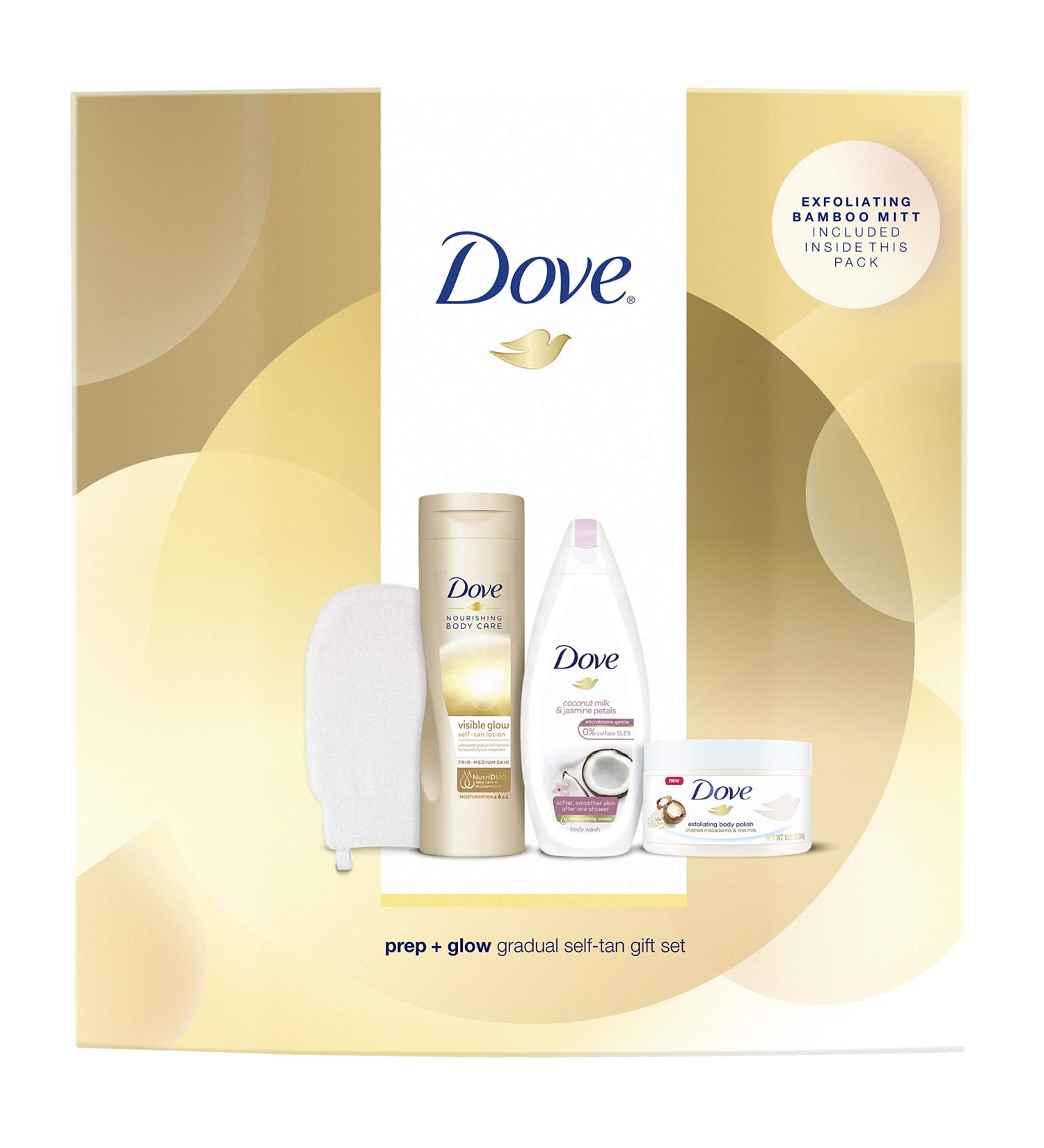 Dove Prep and Glow Gradual Self Tan Collection with Body Mitt Gift Set for women 3 piece Fair to Medium Gift Set - Buy Online on GoSupps.com