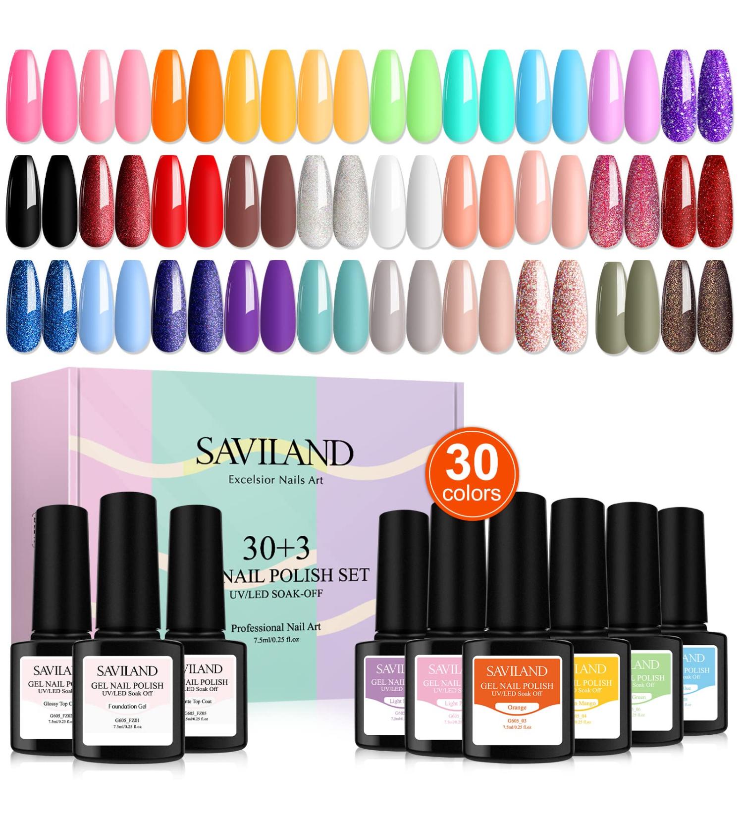 Saviland Gel Nail Polish Kit - 33PCS Soak-off UV LED French Manicure Set with Base, Top Coat - 30 Colors, Beauty Gift for Girls - Buy Online on GoSupps.com
