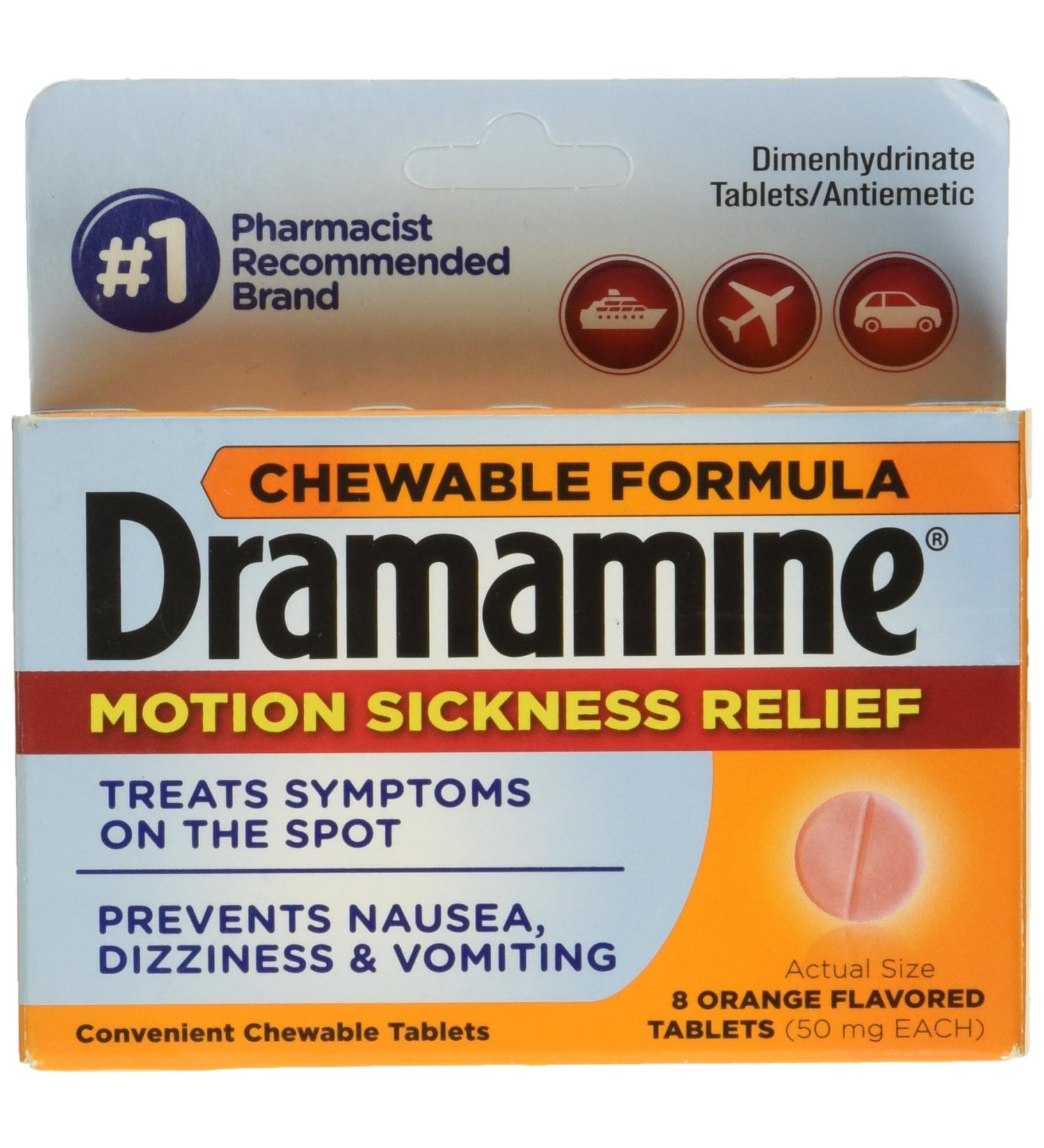 Dramamine Dimenhydrinate 50mg Chewable Tablets - Orange Flavor - 8 Tablets | Antiemetic Relief - Buy Online on GoSupps.com
