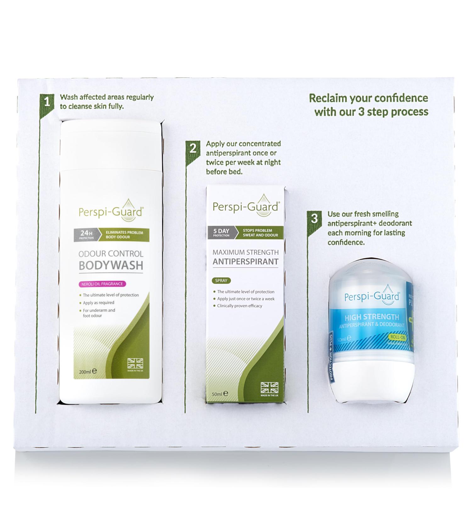 Perspi-Guard 3-Step Anti Sweat Deodorant Bundle - Odour Control Body Wash (200ml) 48-hour Roll On Strong Deodorant for Excessive Sweating & Max Strength Antiperspirant Spray (50ml) - Buy Online on GoSupps.com