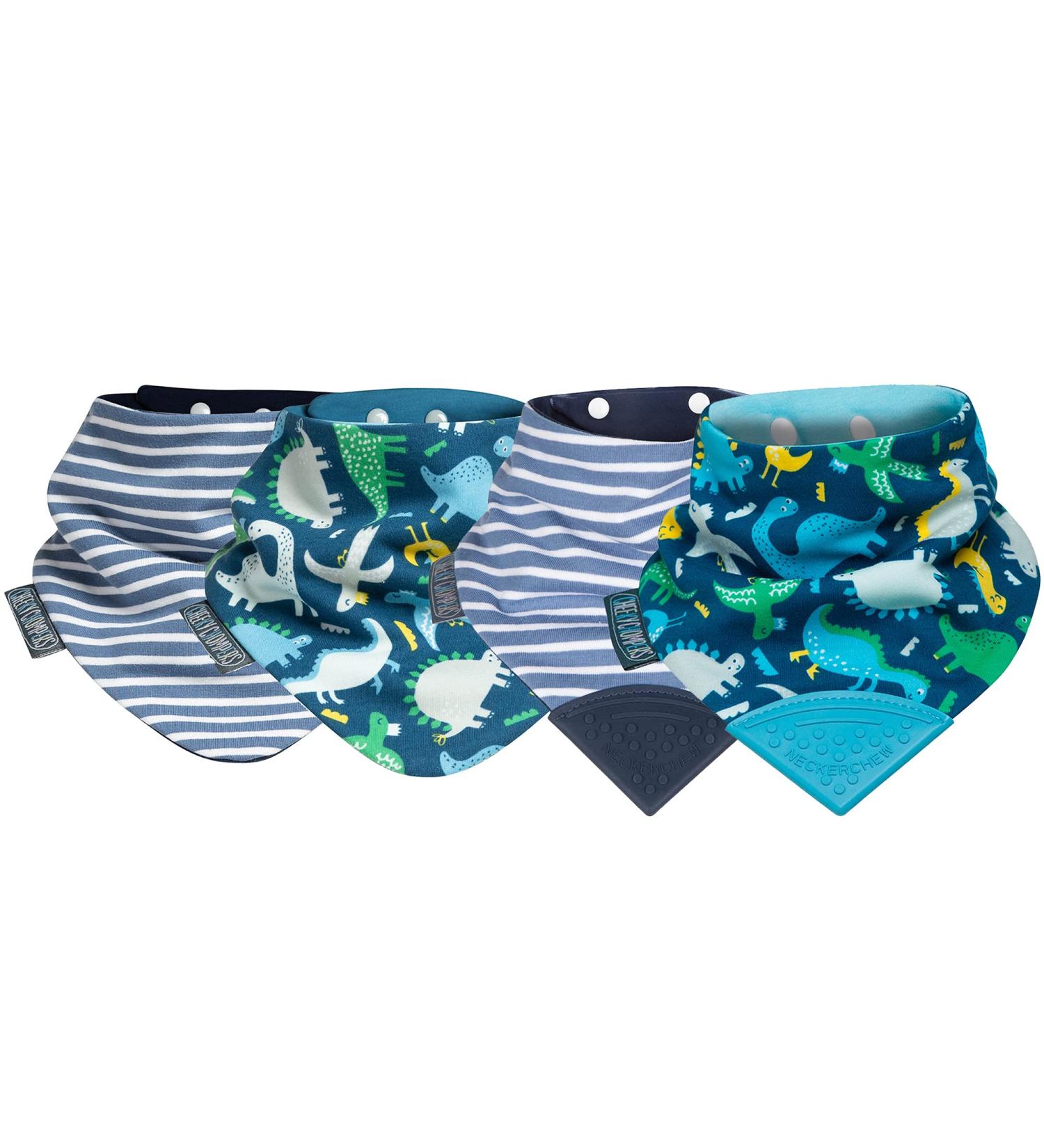 Cheeky Chompers Neckerchew and Neckerbib Bundle - Teething Bibs for Toddlers and Babies - Bandana Style - Baby Bib Gift Set - 4 Dribble Bibs - Preppy Stripes & Baby Dino - Buy Online on GoSupps.com