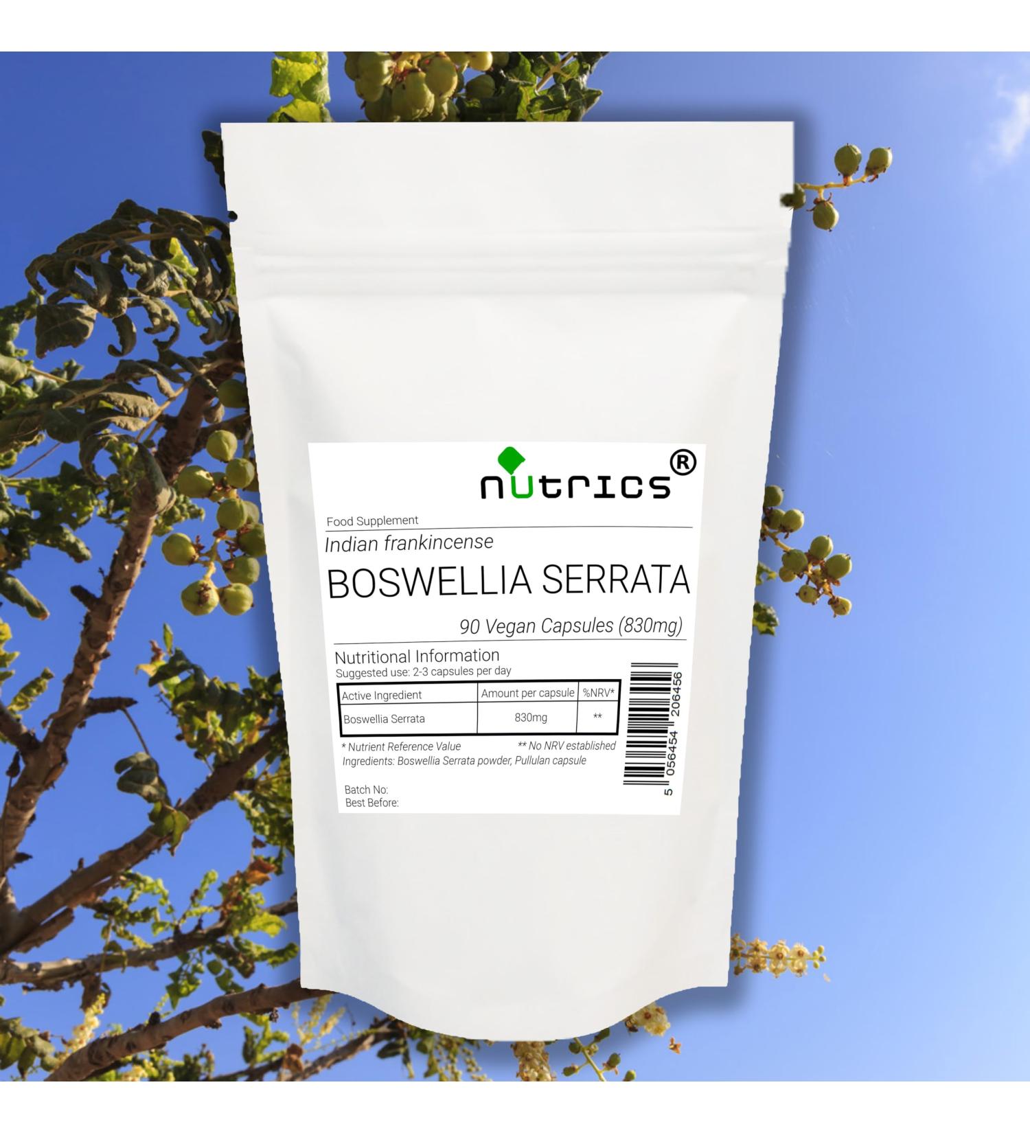 Nutrics Boswellia Serrata 830mg 90 V Capsules (1 Month Supply) - Frankincense Supplement - Suitable for Vegan Vegetarian Halal & Kosher Diet - Buy Online on GoSupps.com
