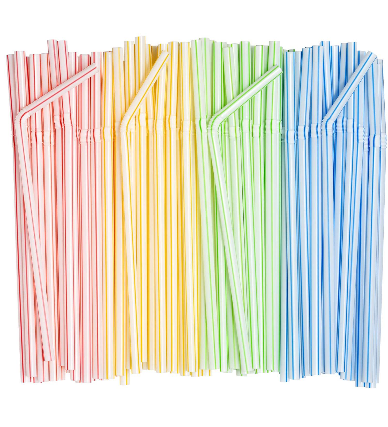 200 Pack Flexible Disposable Plastic Drinking Straws - 7.75 High - Assorted Striped Colors - Buy Online on GoSupps.com