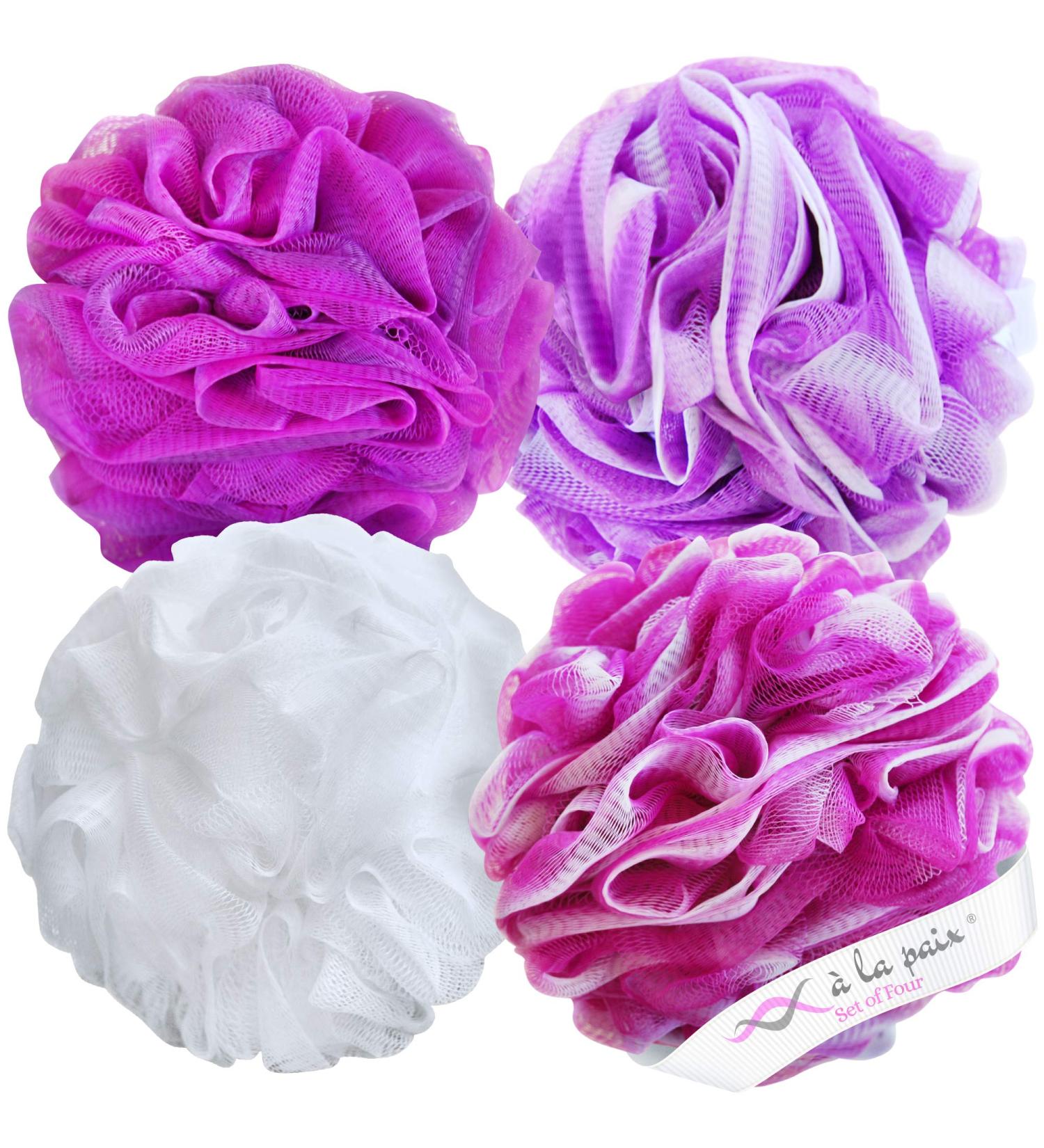 XL Loofah Bath Sponge Set by La Paix - Soft Exfoliating Shower Lufa for Silky Skin - Set of 4 Bright Colors - Long-Handle Mesh Body Poufs for Women and Men - Large Scrunchy for Full Cleanse & Lather - Buy Online on GoSupps.com