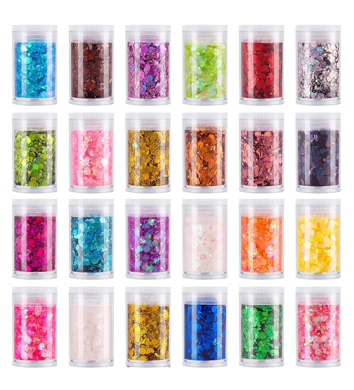 Estanoite 24 Color Glitter Mix - Holographic Flakes for Face, Body, Nails - Iridescent Loose Glitter - Buy Online on GoSupps.com