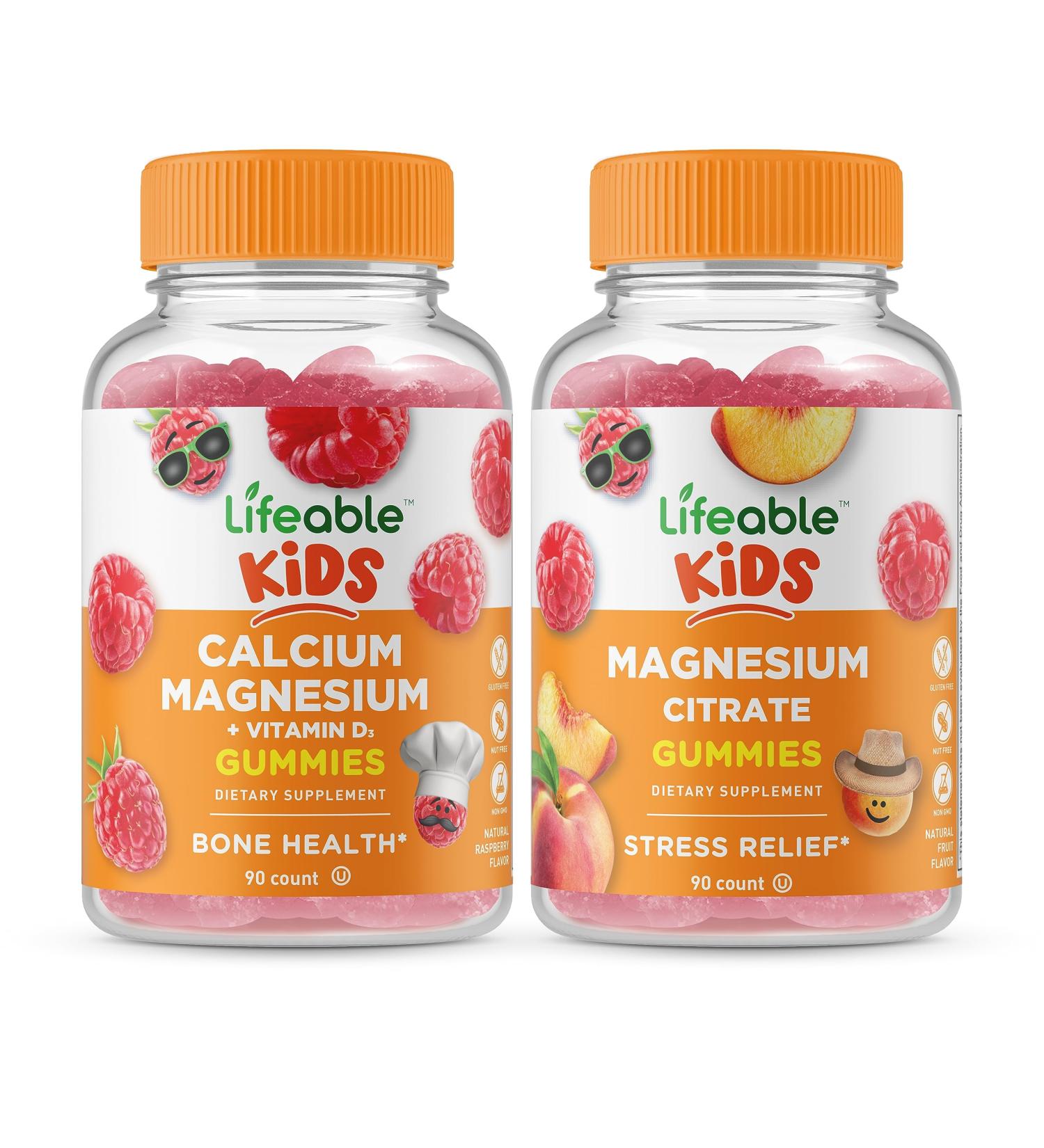 Lifeable Calcium Magnesium Kids + Magnesium Citrate Kids Gummies Bundle - Great Tasting Vitamin Supplement Gluten Free GMO Free Chewable Gummy