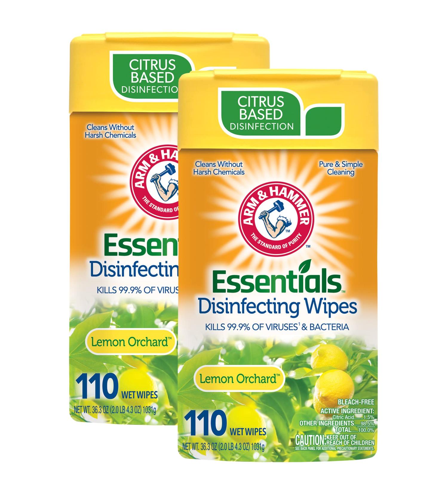 Arm & Hammer Essentials Lemon Orchard Disinfecting Wipes 2-Pack - 220 Wipes - Buy Online on GoSupps.com