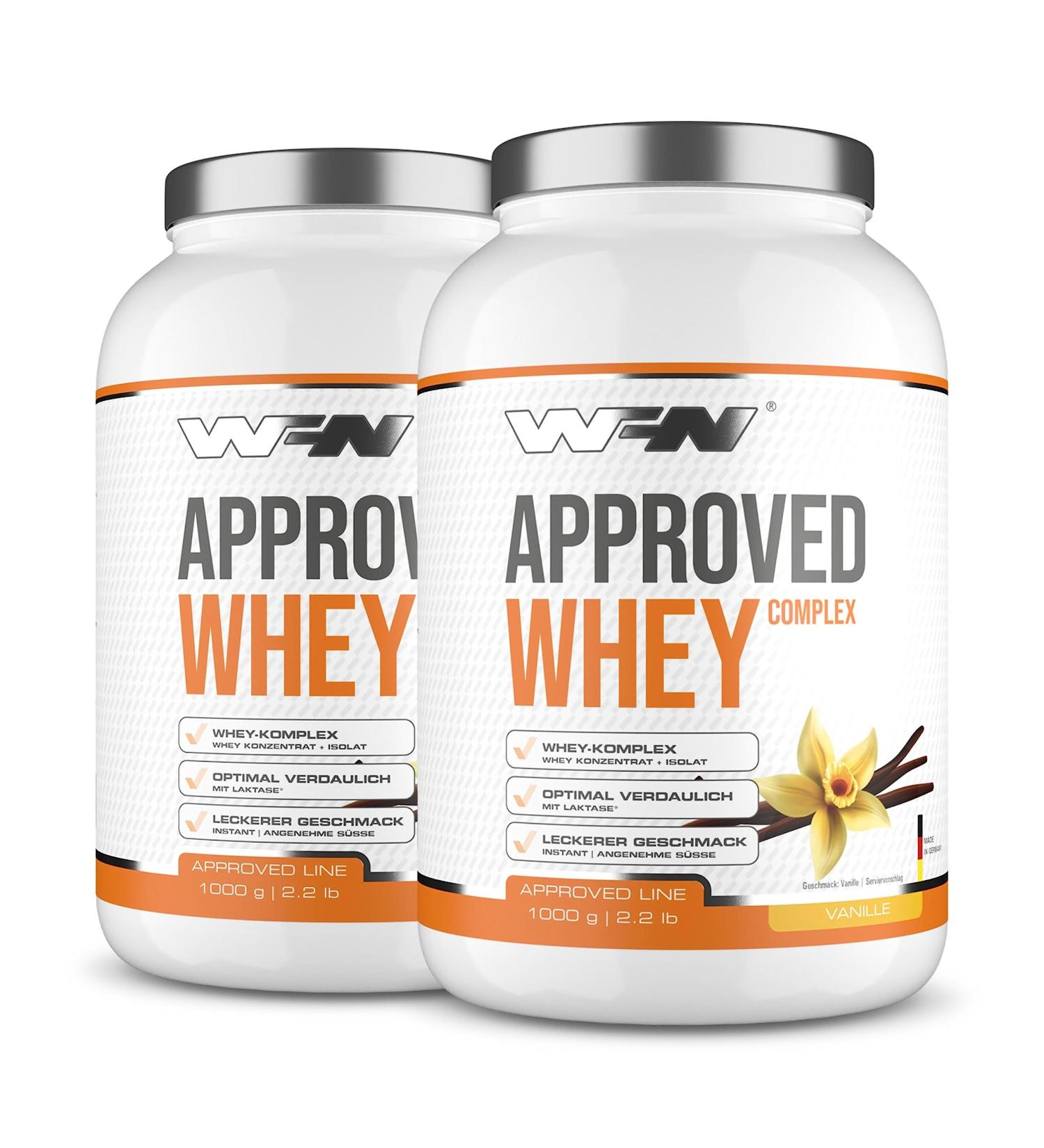 WFN Approved Whey Protein Powder - Vanilla - 2x1kg | High Solubility Isolate & Lactase - 66 Portions - Made in Germany - Lab Tested - Buy Online on GoSupps.com