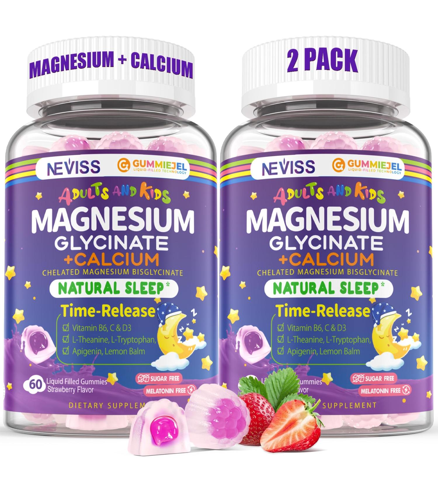 Neviss Magnesium Glycinate + Calcium Filled Gummies for Adults and Kids 4+ Kids Sleep Gummies Melatonin Free No Sugar Magnesium Supplement w/B6 D3 L-Theanine for Zzz Relax Brain Bone Muscle 2Pack - Buy Online on GoSupps.com