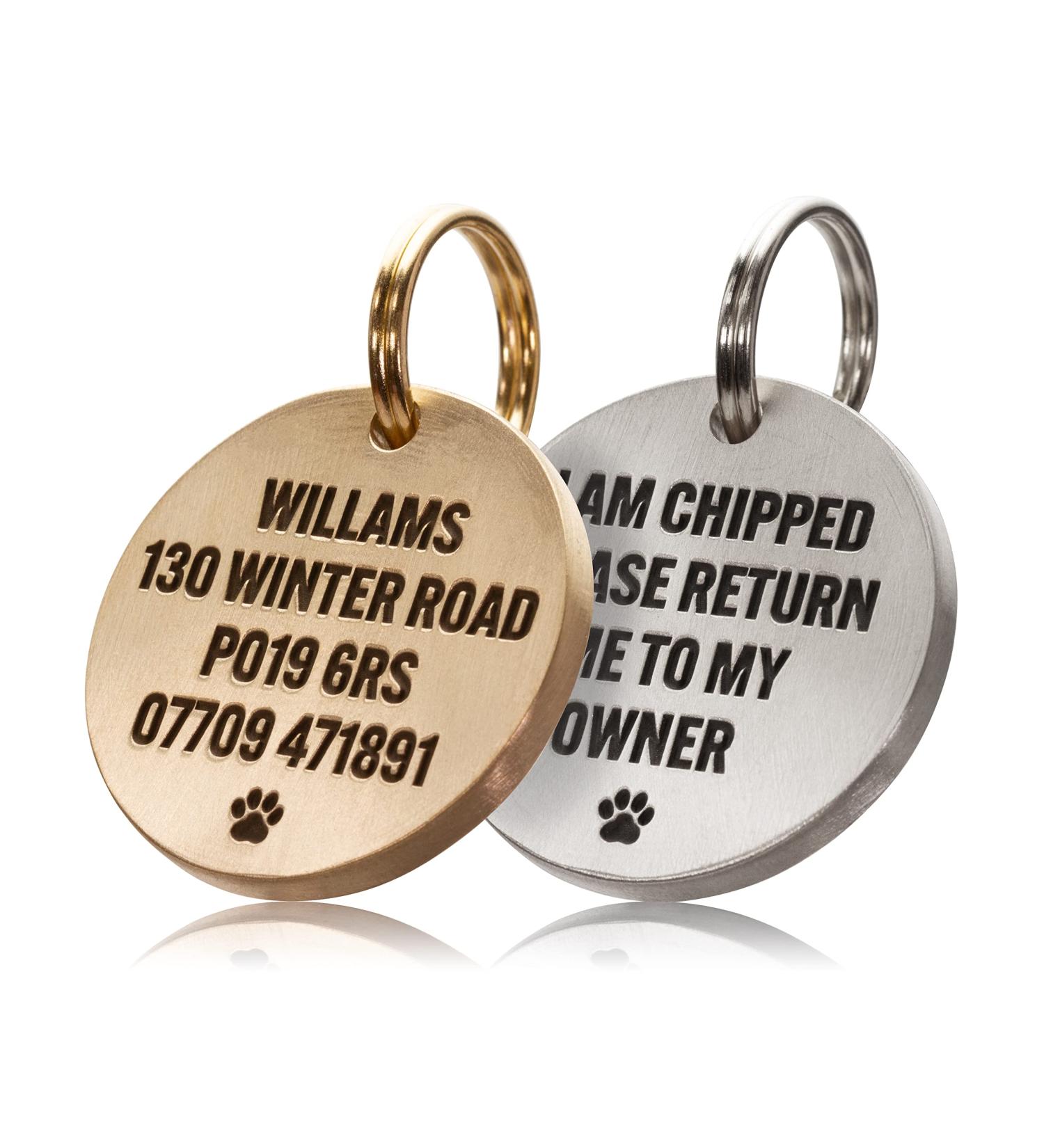 UKR Designs Deep Engraved in Thick Solid Brass or Stainless Steel Dog Tag/Pet ID Tag