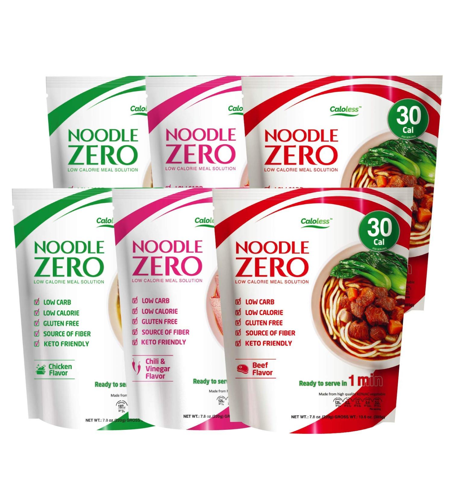 Caloless Konjac Shirataki Noodles 6-Pack - Low Calorie Healthy Food Variety Pack (Chicken/Beef/Chilli & Vinegar) - Gluten Free, Keto Snacks, Non-GMO, Low Carbs, Glucomannan Diabetic Noodle Pasta - Buy Online on GoSupps.com