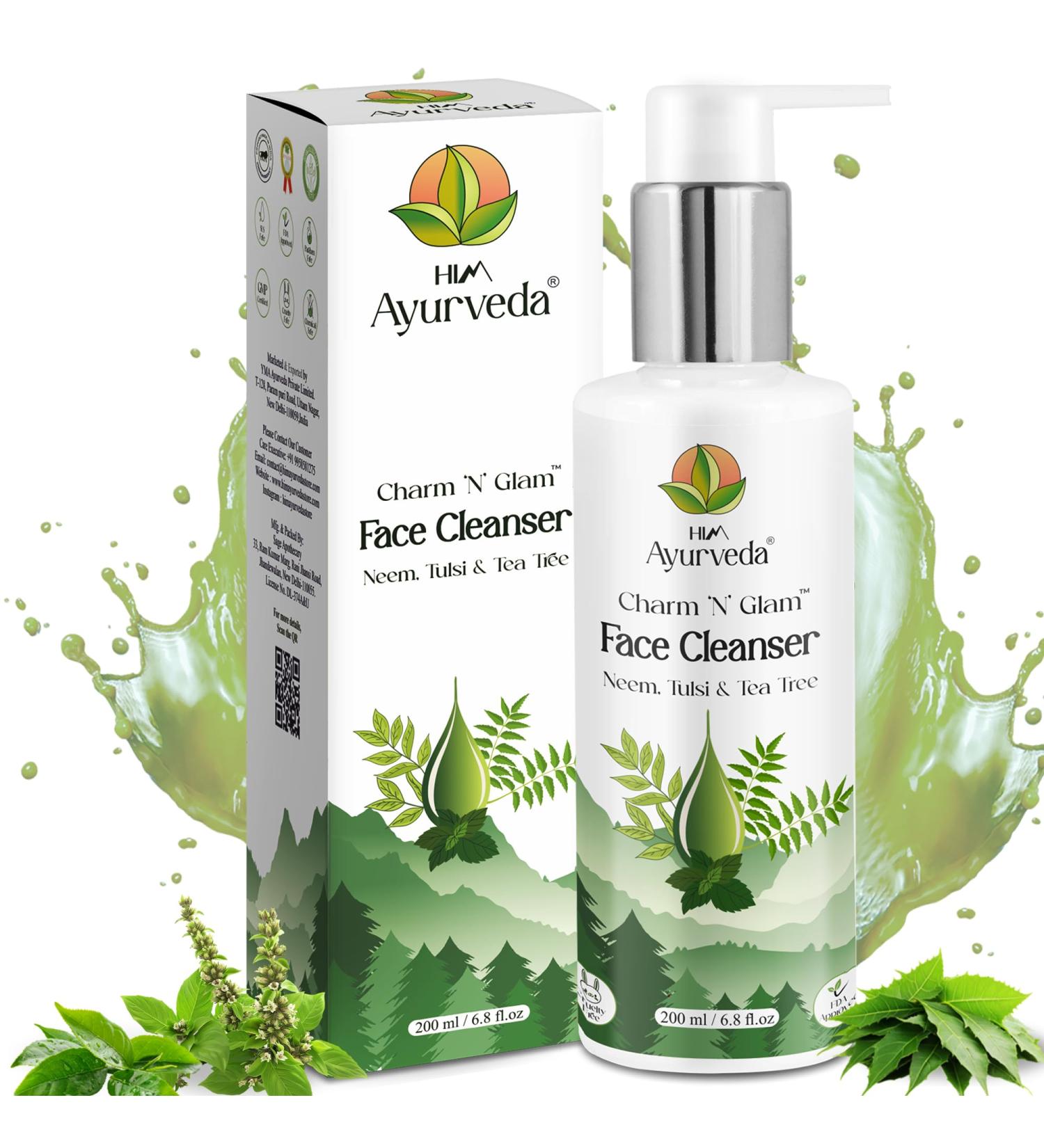 HIM AYURVEDA Charm N Glam Face Cleanser(Face wash) |with Neem Tulsi Tea Tree |For Dry Oily & Acne Prone Skin|Deeply Cleanses | Exfoliates Skin| For Men & Women | Sulphate Free | 200ML - Buy Online on GoSupps.com