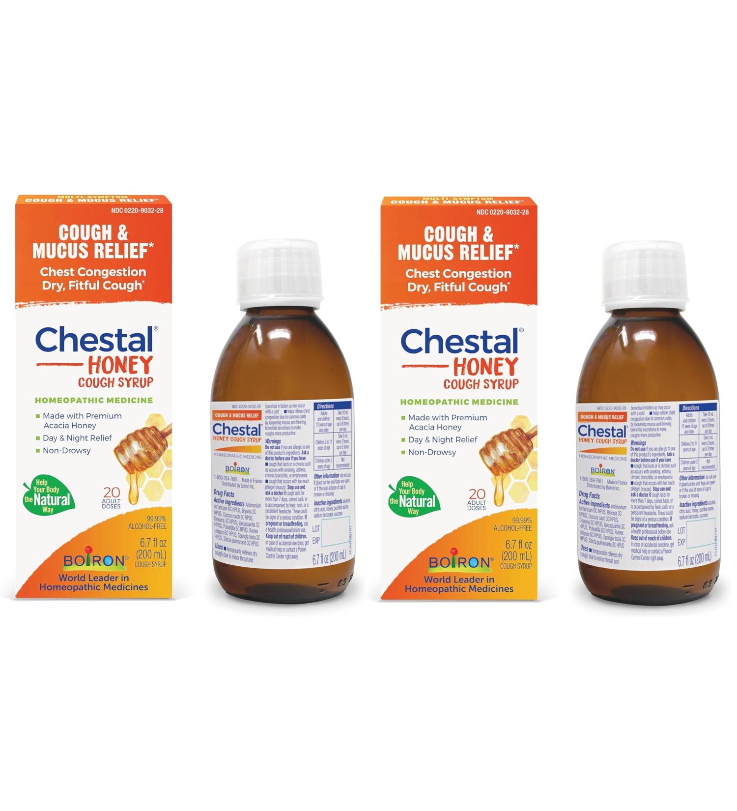 Boiron Chestal Honey Adult Cold and Cough Syrup for Nasal and Chest Congestion Runny Nose and Sore Throat Relief - 6.7 Fl oz (Pack of 2) Honey Pack of 2 - Buy Online on GoSupps.com