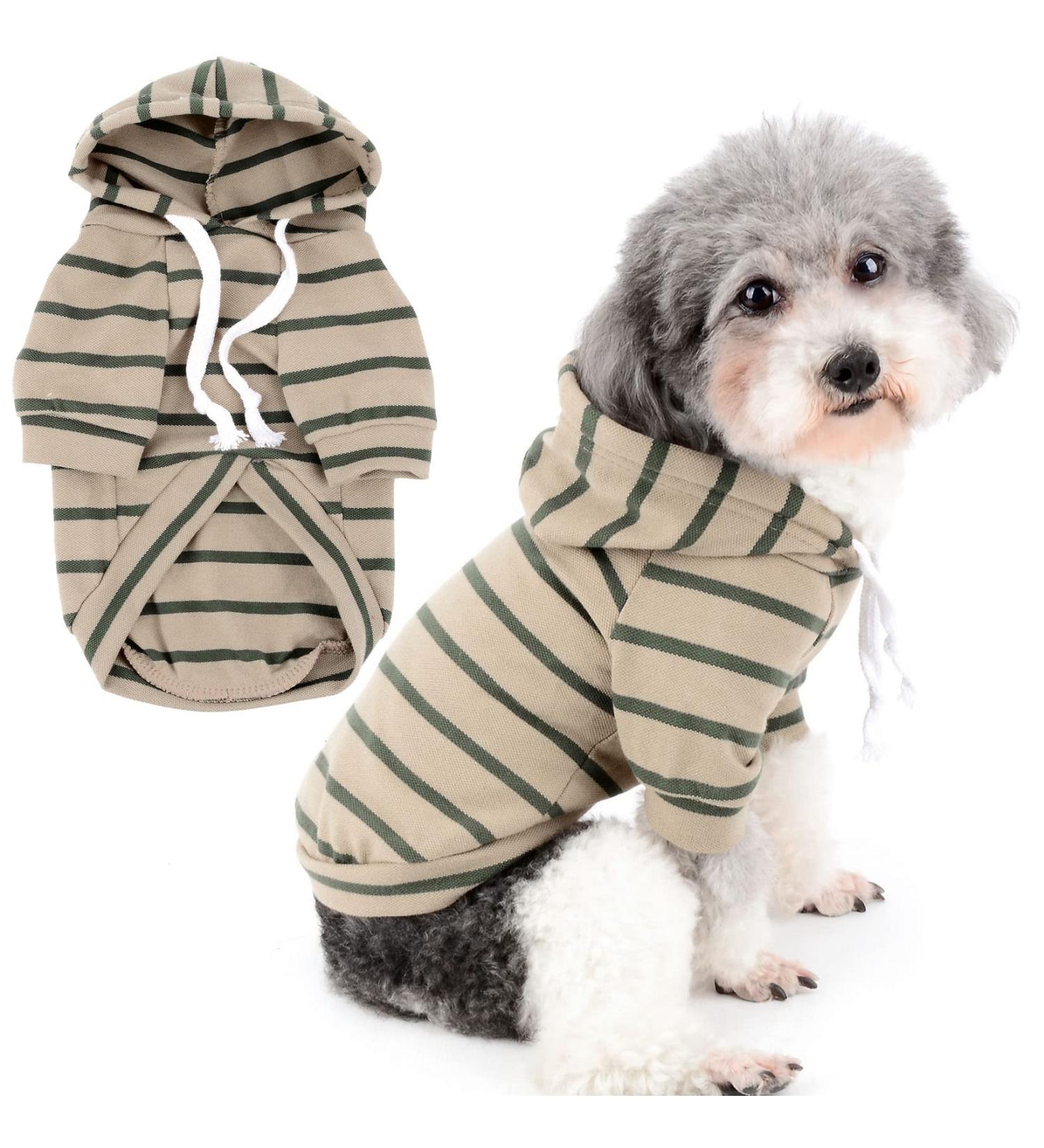 Zweitea Striped Hoodie Shirts for Small & Medium Dogs | Soft Short Sleeve Sweater | Stylish Puppy Clothes in Khaki - Buy Online on GoSupps.com