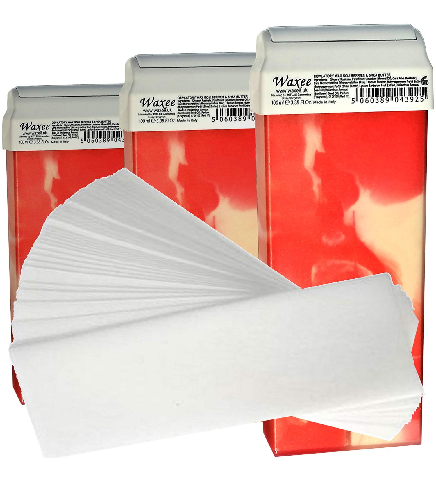 3 x 100ml roll on roller wax cartridge and 50 waxing strips Waxee (Wide roller (legs & body) Duo (Goji Berries & Shea Butter))