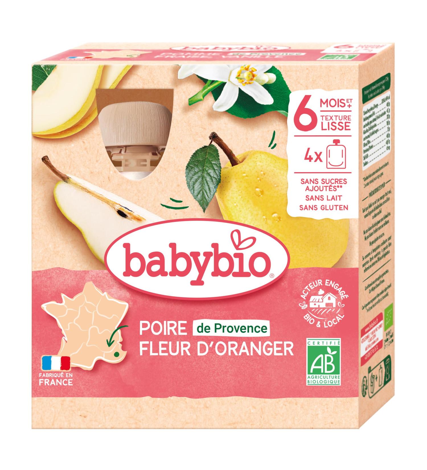 Babybio - Fruit Gourds - Pear of Provence Orange Blossom 4x90 g - 6+ Months - ORGANIC