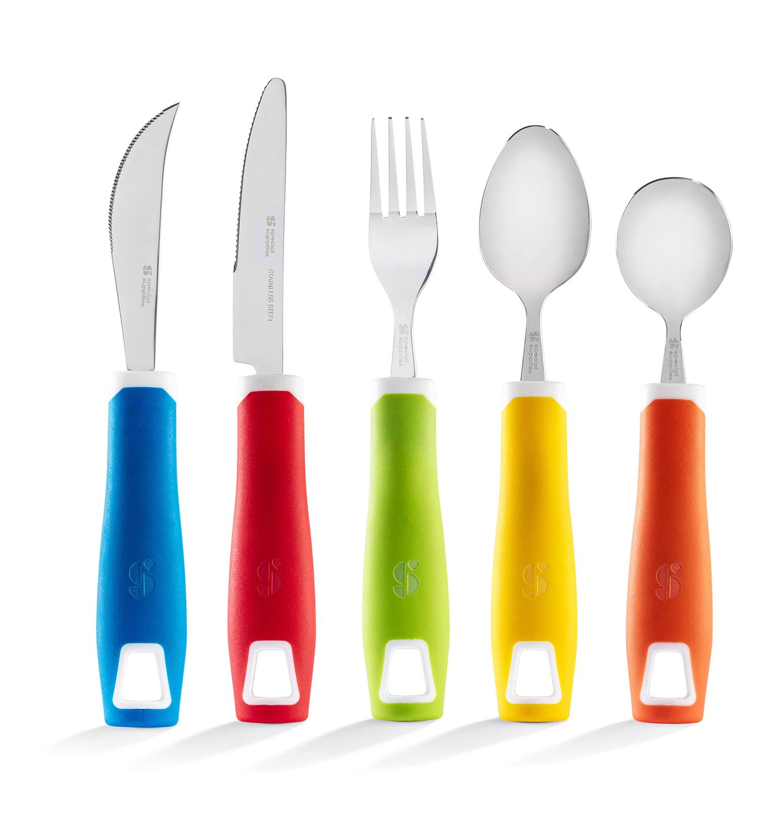 Special Supplies 5-Piece Adaptive Utensils Set - Non-Weighted, Non-Slip Handles for Hand Tremors, Arthritis, Parkinson's, Elderly Use - Stainless Steel Knife, Rocker Knife, Fork, Spoons - Colored - Buy Online on GoSupps.com