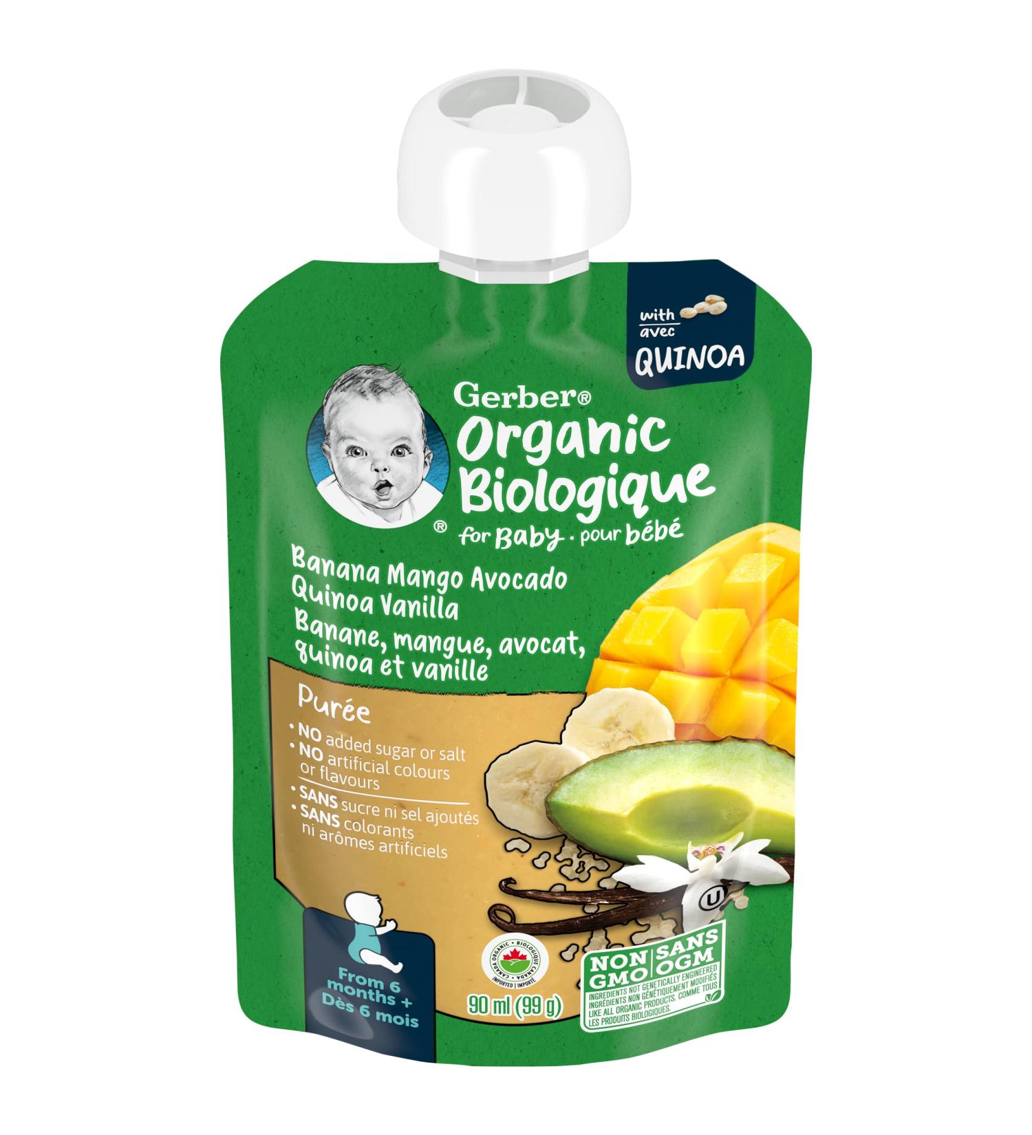 GERBER ORGANIC PUR E Banana Mango Avocado Vanilla Quinoa Baby Food Meal 6+ months 90 ml 12 Pack Packaging May Vary - Buy Online on GoSupps.com