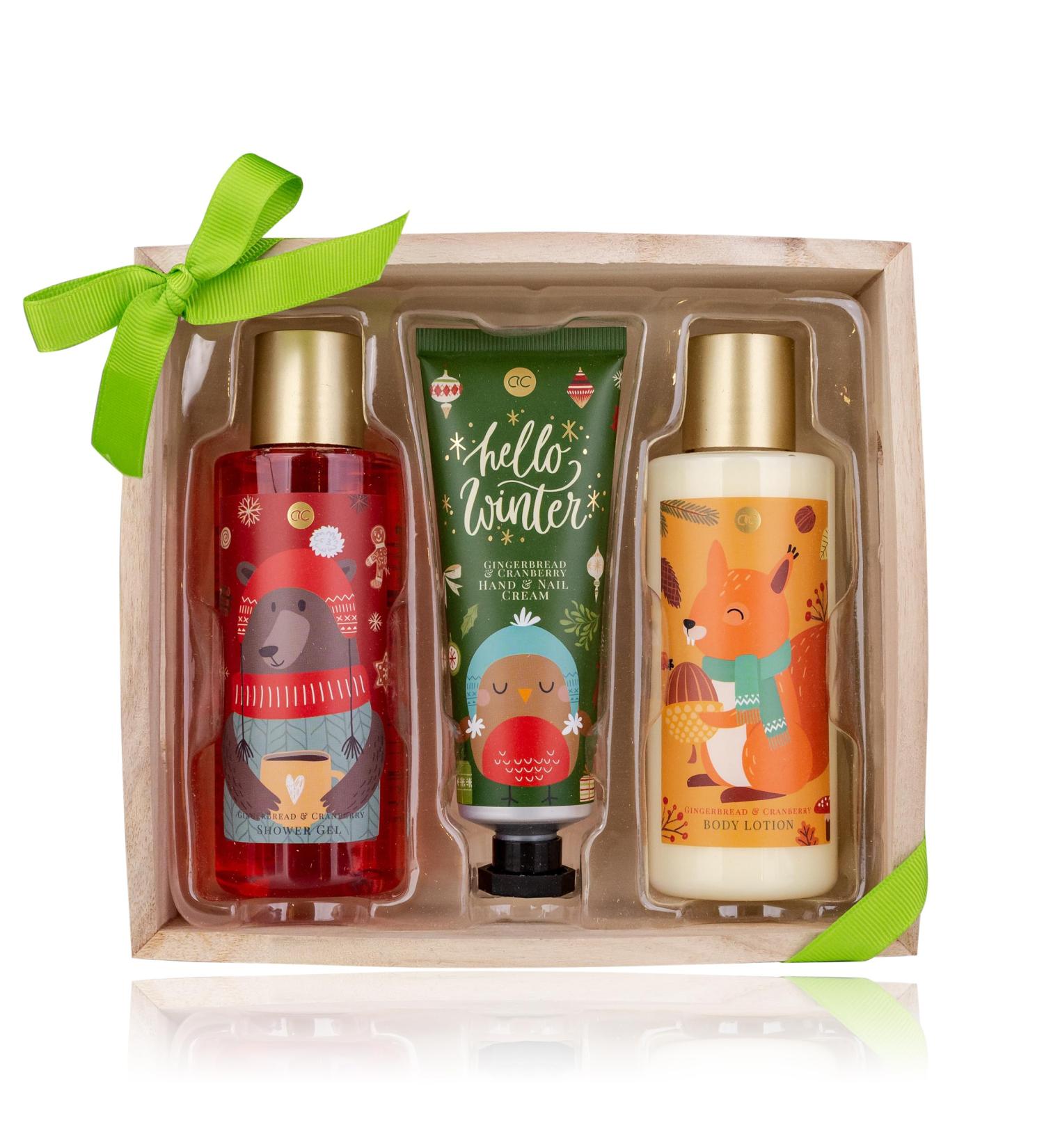 Accentra skin care gift for women in wooden box incl. 150ml shower gel 150ml body lotion 60ml hand and nail cream fragrance: gingerbread & cranberry - red/green/cream