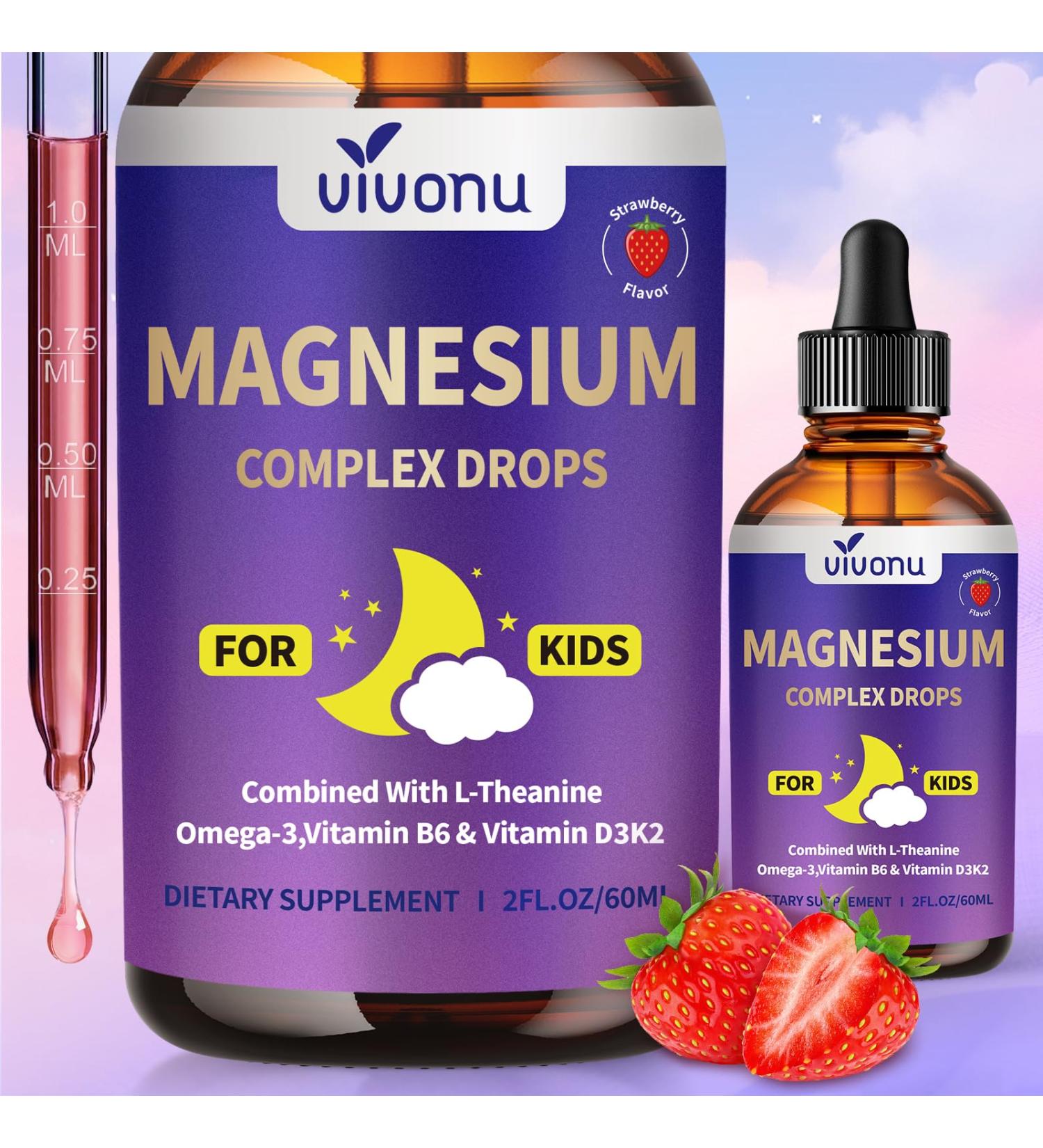 Kids Magnesium Liquid Drops, Magnesium Glycinate Liquid for Children's Supplement with Vitamin D3 K2 B12 & B6, Omega 3,L-theanine,Lemon Balm-for Sleep,Relaxation,Calm,Focus, Strawberry Flavor - Buy Online on GoSupps.com