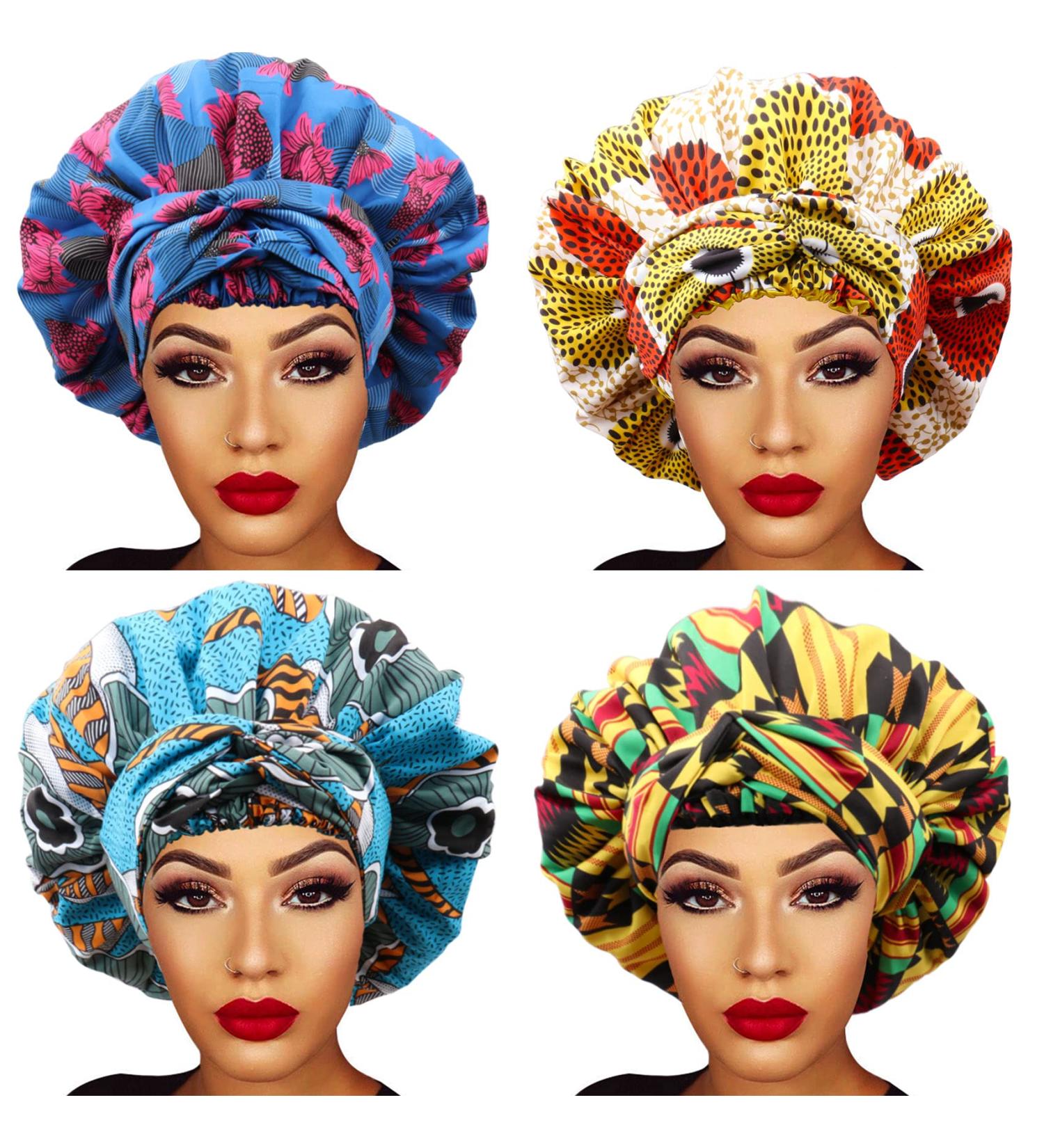 Satin Bonnet 4 Pack for Women - Silk Sleep Cap for Long Curly Hair, African Print Head Wrap - Soft Night Sleeping Hat - Buy Online on GoSupps.com