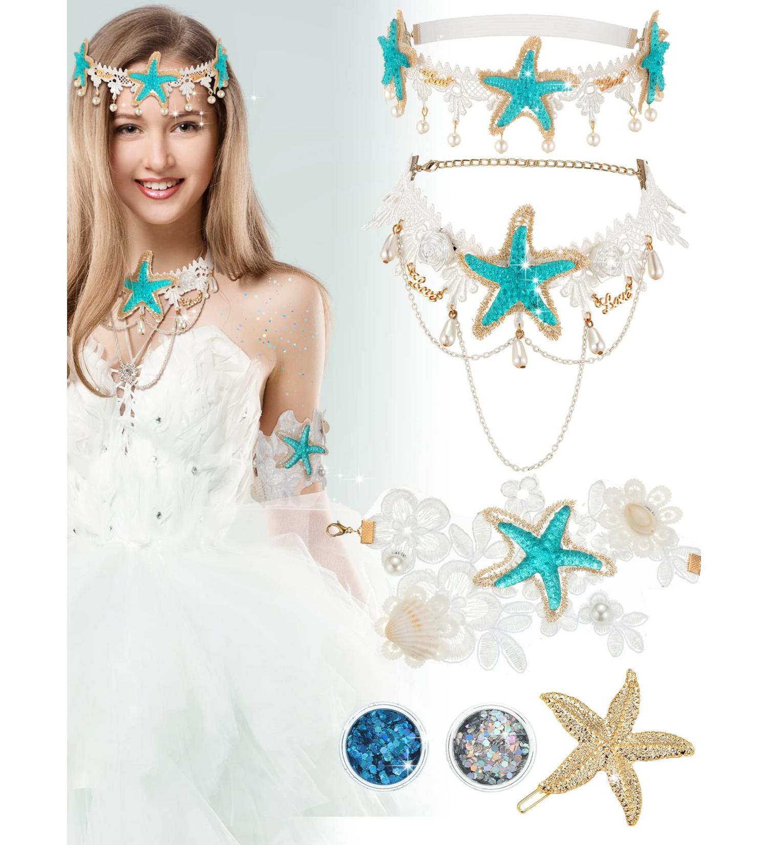Dingion 6-Piece Halloween Mermaid Hair Accessories Set - Starfish Shell Headband, Necklace, Arm Bracelet, Band Clip, Sequin Body Glitter - Women/Girl Costume Supplies (White) - Buy Online on GoSupps.com