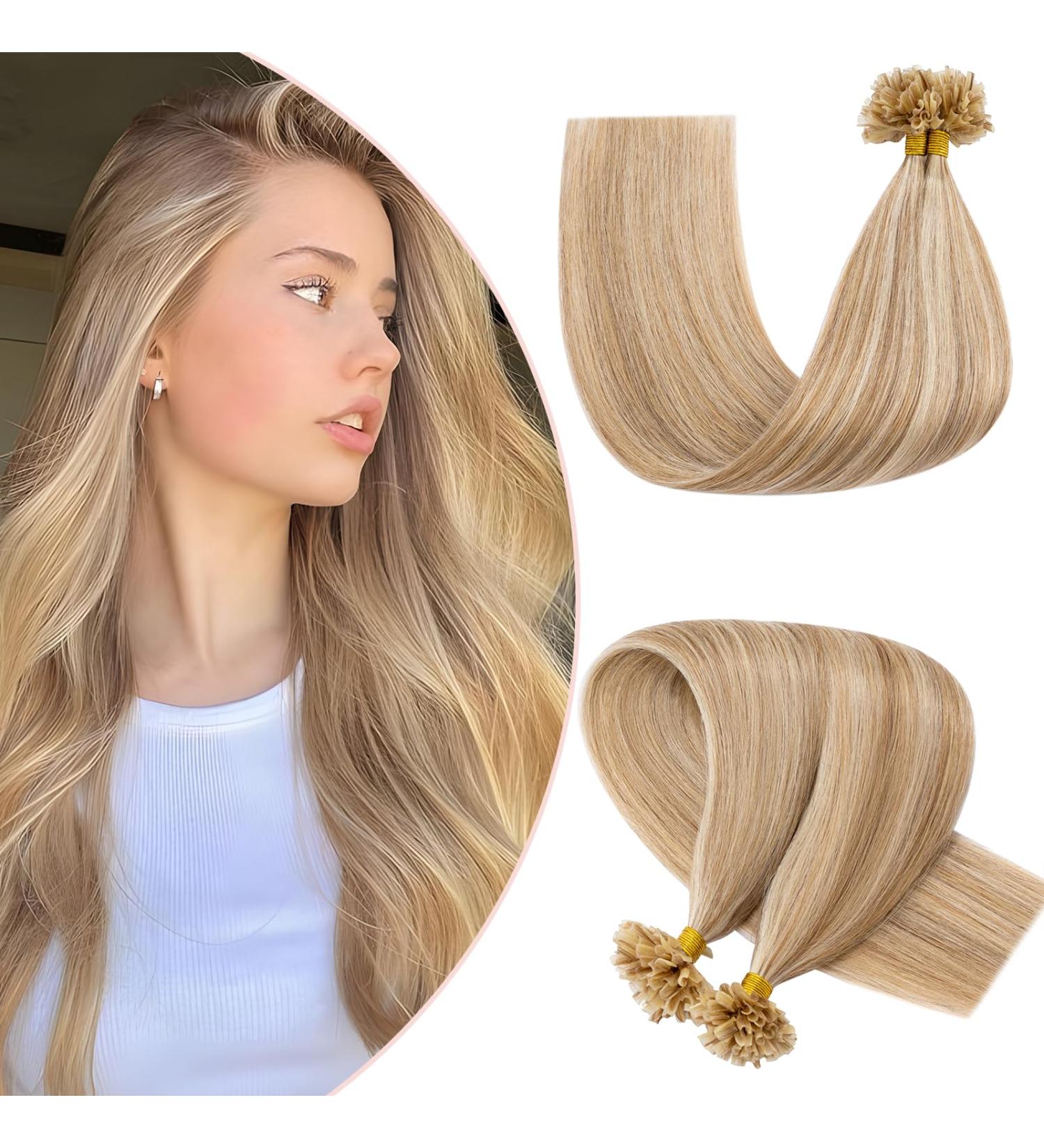 UK Fashion Shop | Premium 55cm Remy Real Hair Extensions - U Tip Bondings 0.5g/100S - Light Gold Brown & Bleached Blond #12/613 - Buy Online on GoSupps.com