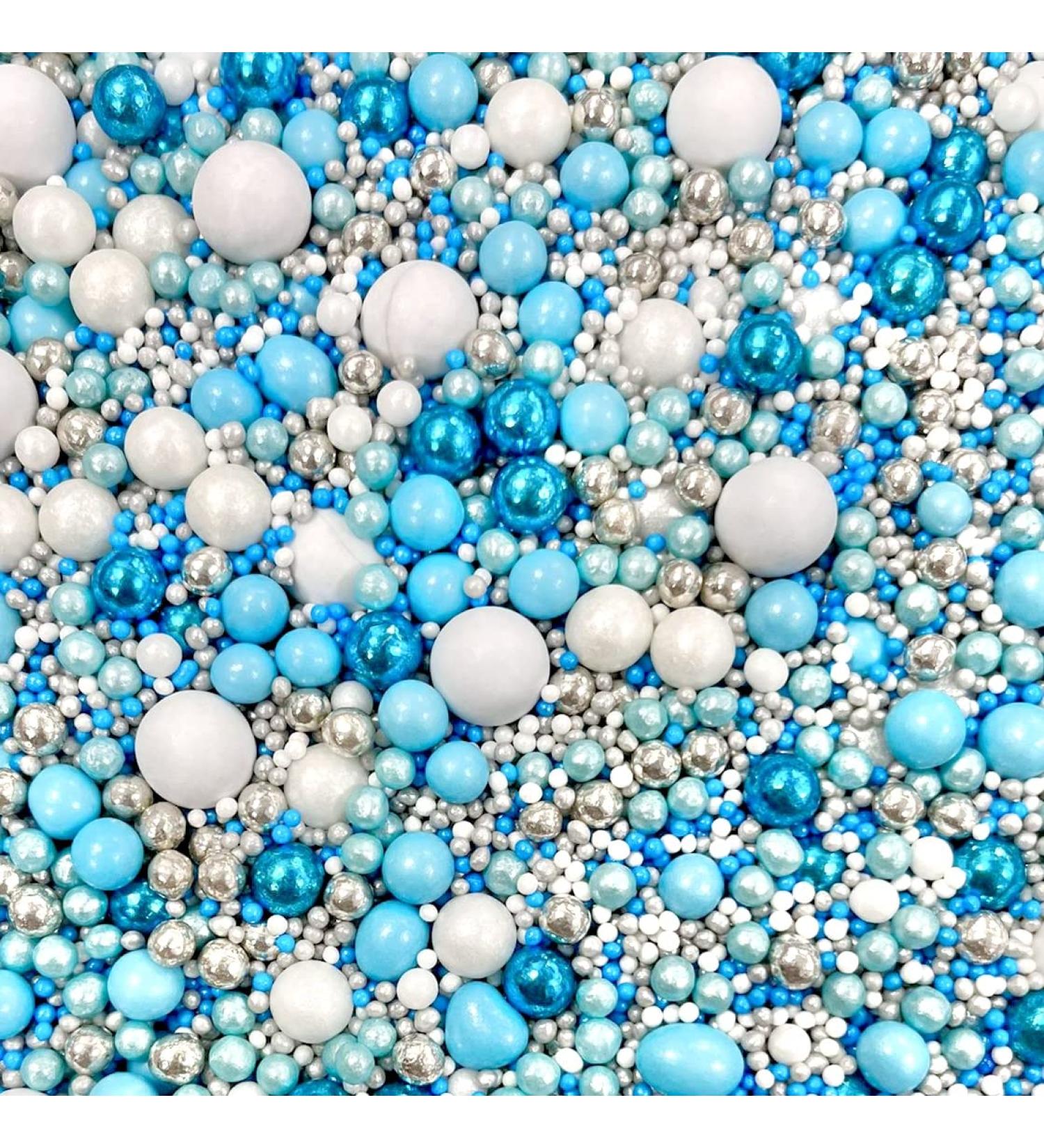 Blue White Metallic Silver Sprinkles birthday cupcake cake toppers pearls balls baby shower boy male baking supplies chocolate balls teal green mint pearls edible RIPTIDE