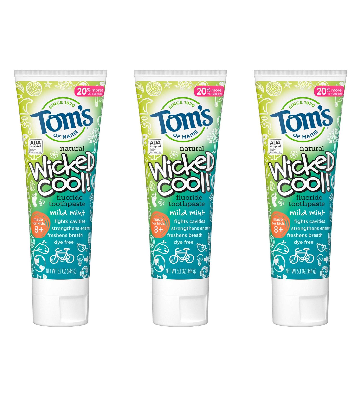 Tom's of Maine Wicked Cool! Fluoride Children's Toothpaste 5.1 oz. 3-Pack - Dye Free, ADA Approved, Natural Ingredients - Buy Online on GoSupps.com