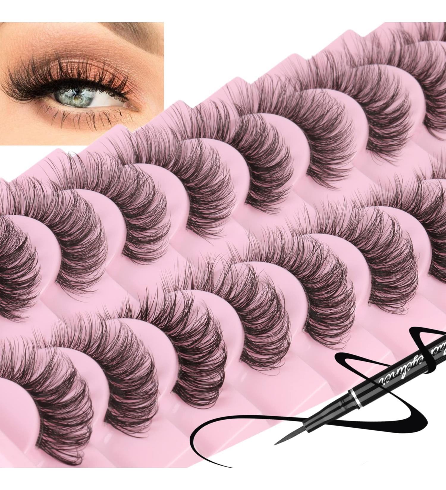 TNFVLONEINS 3D Wispy Mink Lashes with Clear Band and Liquid Eyeliner - 7 Pairs of Natural-Looking Fluffy Cat Eye Fake Eyelashes, 17mm Extensions Effect - Black - Buy Online on GoSupps.com