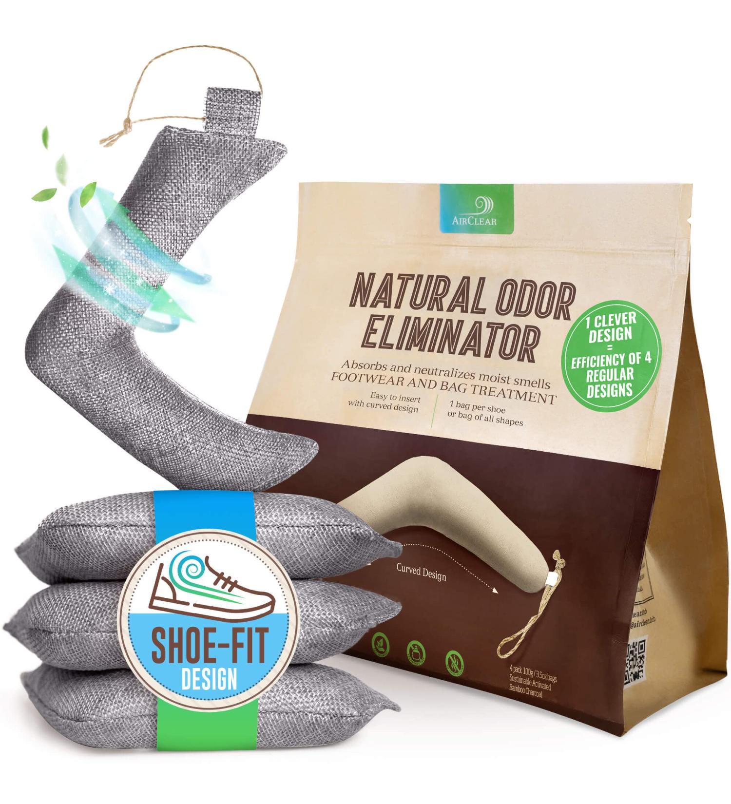 AirClear Bamboo Charcoal Shoe Deodorizer Bags - 4 Pack 3.5oz/100g | Natural Fresh Air Purifier for Shoes, Bags & Clothes | Eliminate Odors & Harmful Particles | Grey Color - Buy Online on GoSupps.com