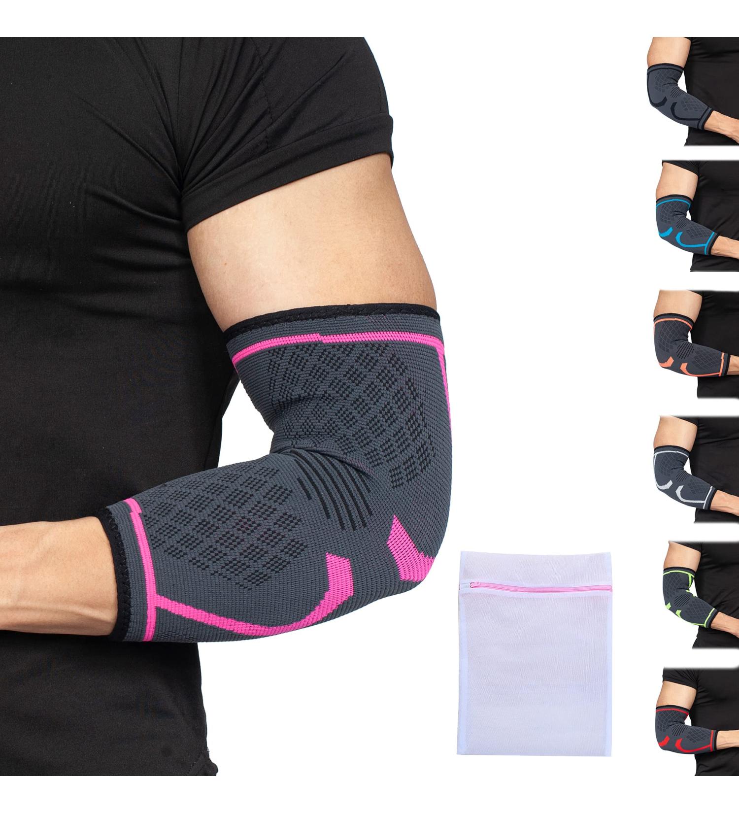 360 RELIEF Compression Elbow Brace Sleeve for Men and Women - Medium Pink | Joint Pain Relief Tendonitis Support for Tennis Golf Workout | Includes Mesh Laundry Bag - Buy Online on GoSupps.com