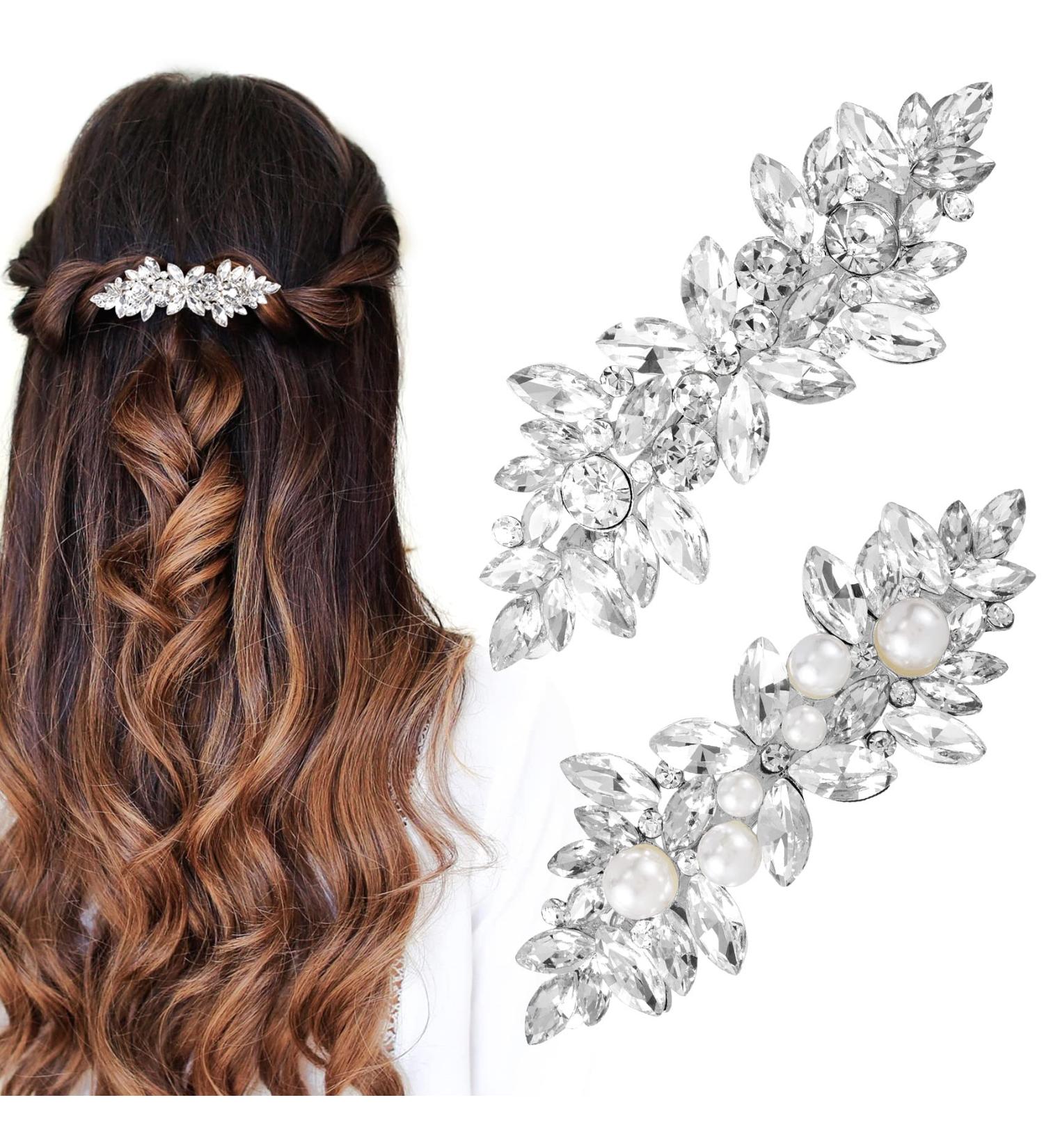 HINZIC Rhinestone Flower Hair Clips - Crystal Pearl French Barrettes for Women Girls Wedding - Silver Bridal Hair Accessories (2Pcs) - Buy Online on GoSupps.com