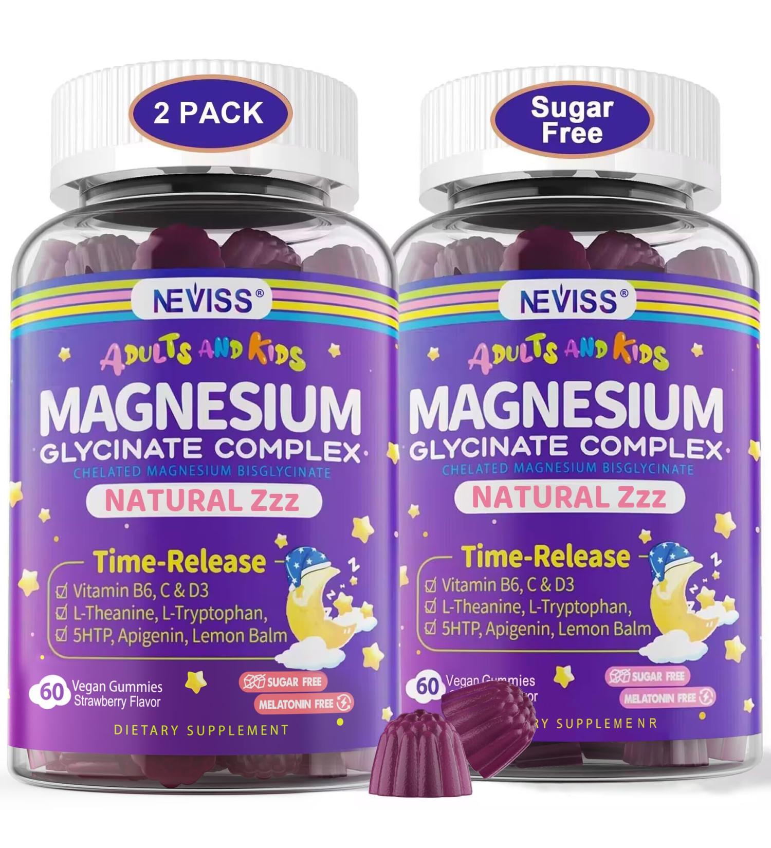 Magnesium Glycinate Gummies for Adults & Kids 4+ Sugar Free Magnesium Bisglycinate Supplement 400/200mg with B6D3 5HTP L-Theanine for Sleep & Relaxation Brain Muscle Melatonin Free Gummies 2Pack - Buy Online on GoSupps.com